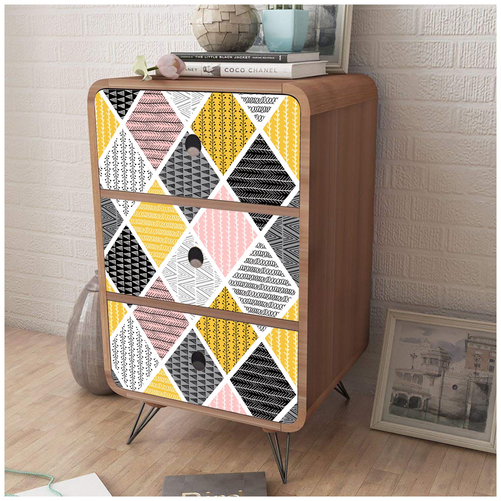 HaokHome 96036 Modern Peel and Stick Tiles Rhombus Geometric Patterned Wallpaper Self Adhesive for Bedroom Pink/Yellow/Black/Grey/White