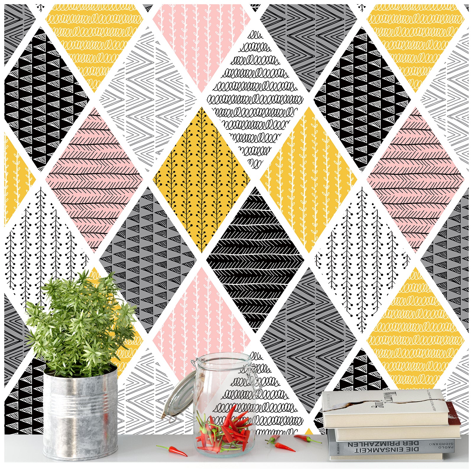 HaokHome 96036 Modern Peel and Stick Tiles Rhombus Geometric Patterned Wallpaper Self Adhesive for Bedroom Pink/Yellow/Black/Grey/White
