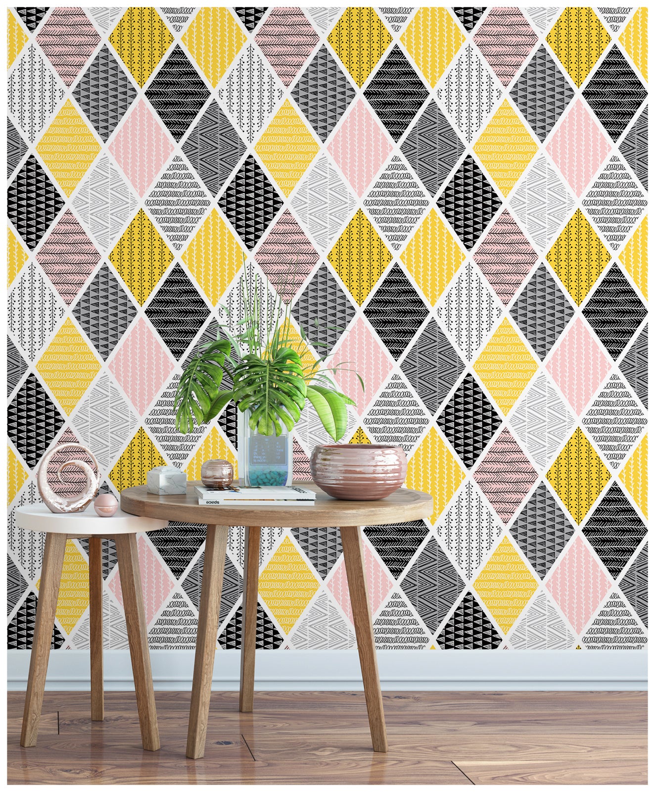 HaokHome 96036 Modern Peel and Stick Tiles Rhombus Geometric Patterned Wallpaper Self Adhesive for Bedroom Pink/Yellow/Black/Grey/White