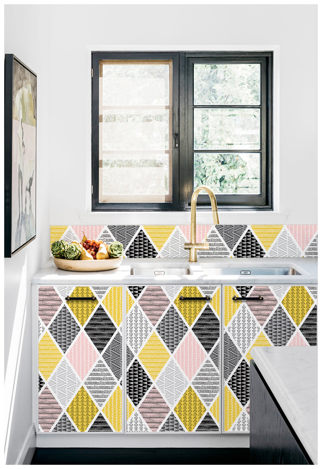 HaokHome 96036 Modern Peel and Stick Tiles Rhombus Geometric Patterned Wallpaper Self Adhesive for Bedroom Pink/Yellow/Black/Grey/White