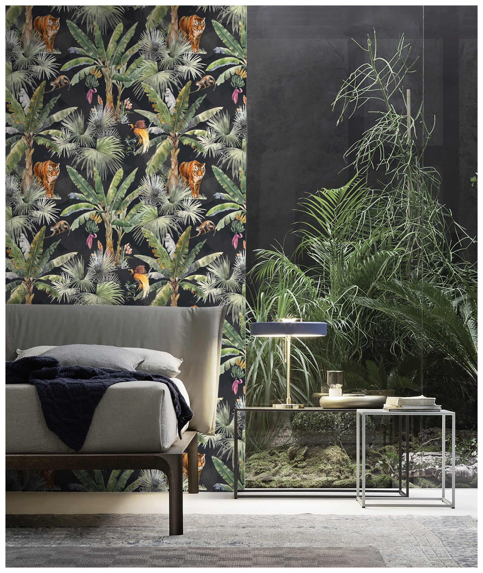 HaokHome 93163 Modern Peel and Stick Wallpaper Tropical Palms and Jungle Animal Tiger