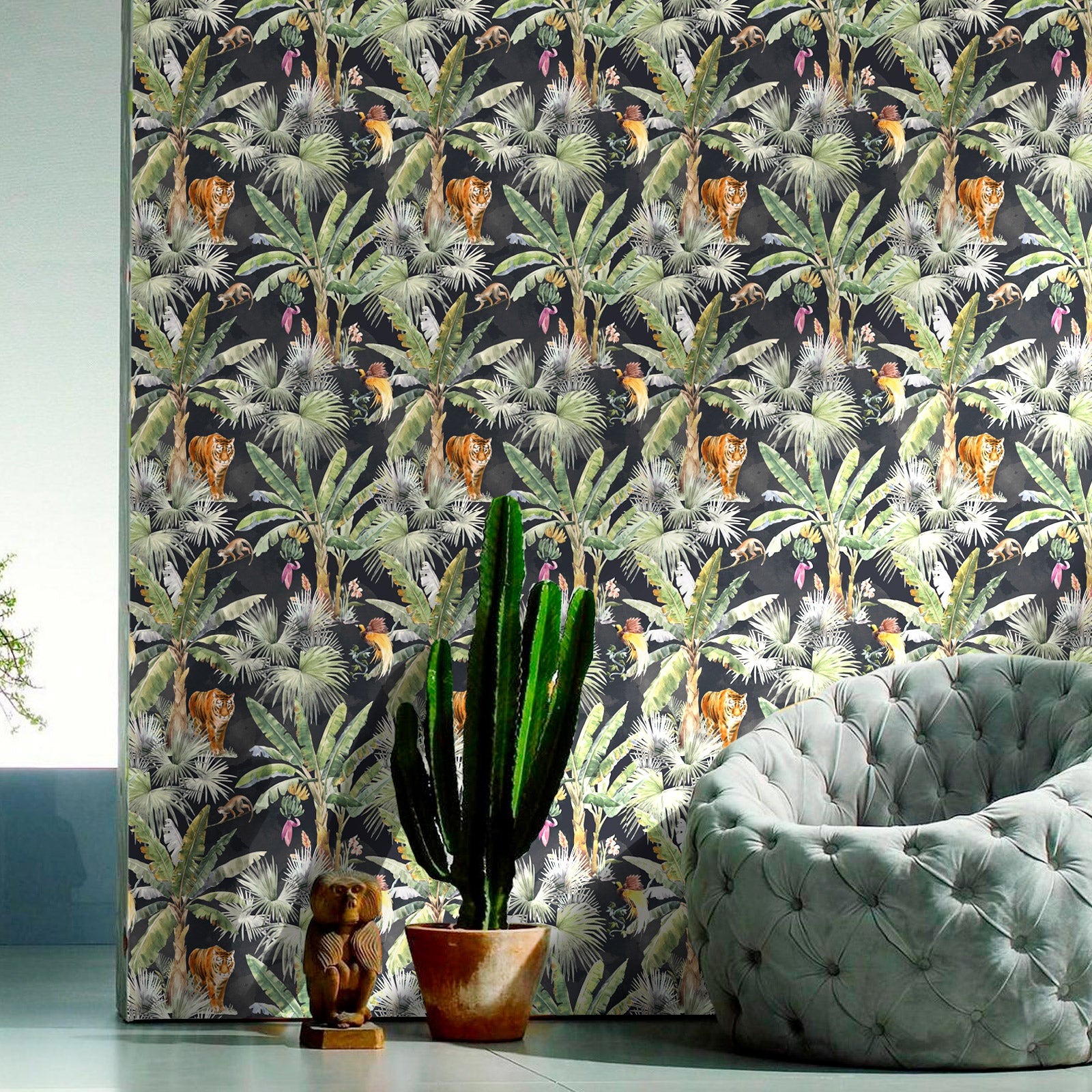 HaokHome 93163 Modern Peel and Stick Wallpaper Tropical Palms and Jungle Animal Tiger