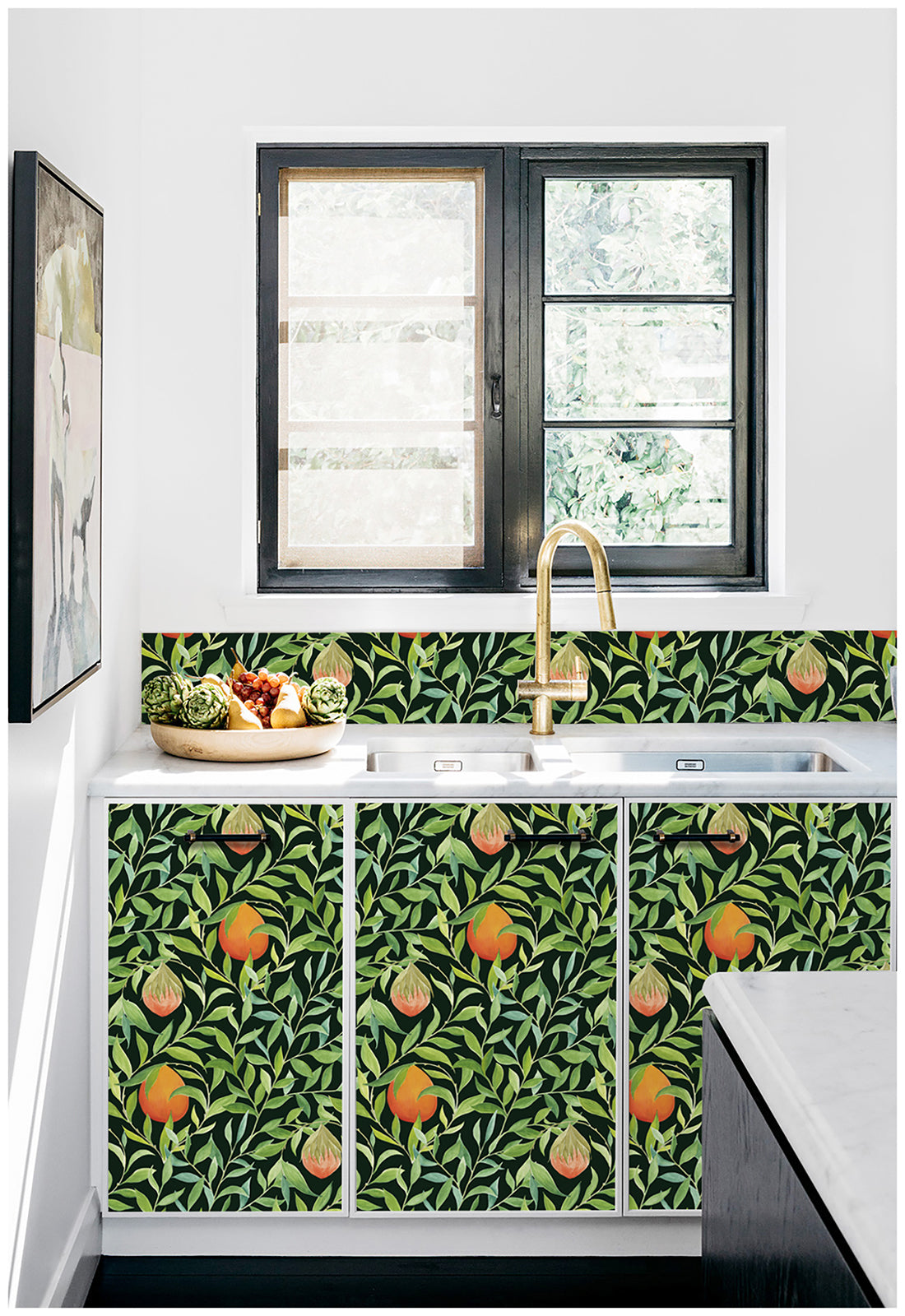HaokHome 93055-1 Orange Fruits Leaf Peel Stick Wallpaper Floral Lemon Removable Black Wall Mural Wall Paper