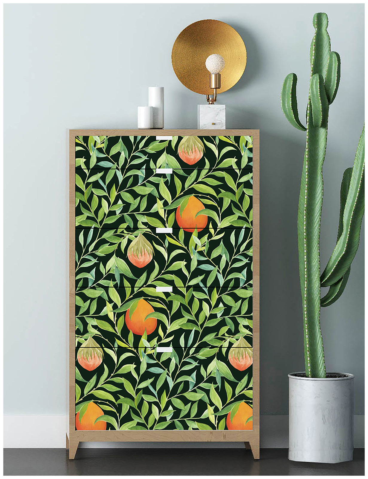 HaokHome 93055-1 Orange Fruits Leaf Peel Stick Wallpaper Floral Lemon Removable Black Wall Mural Wall Paper