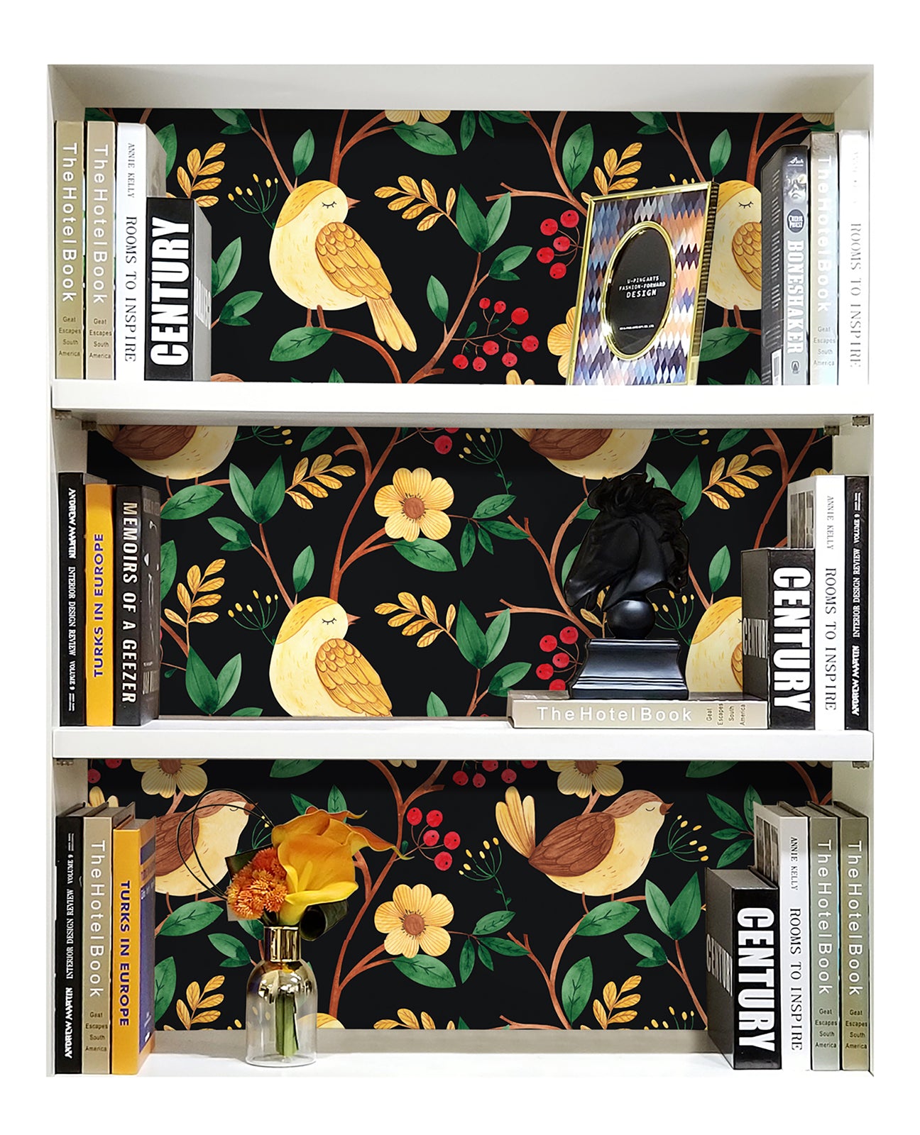 HaokHome 93057 Peel Stick Wallpaper Cartoon Forest Birds Floral Black Multicolor Removable Contact Wall Paper for Livingroom Bedroom Bathroom Decoration