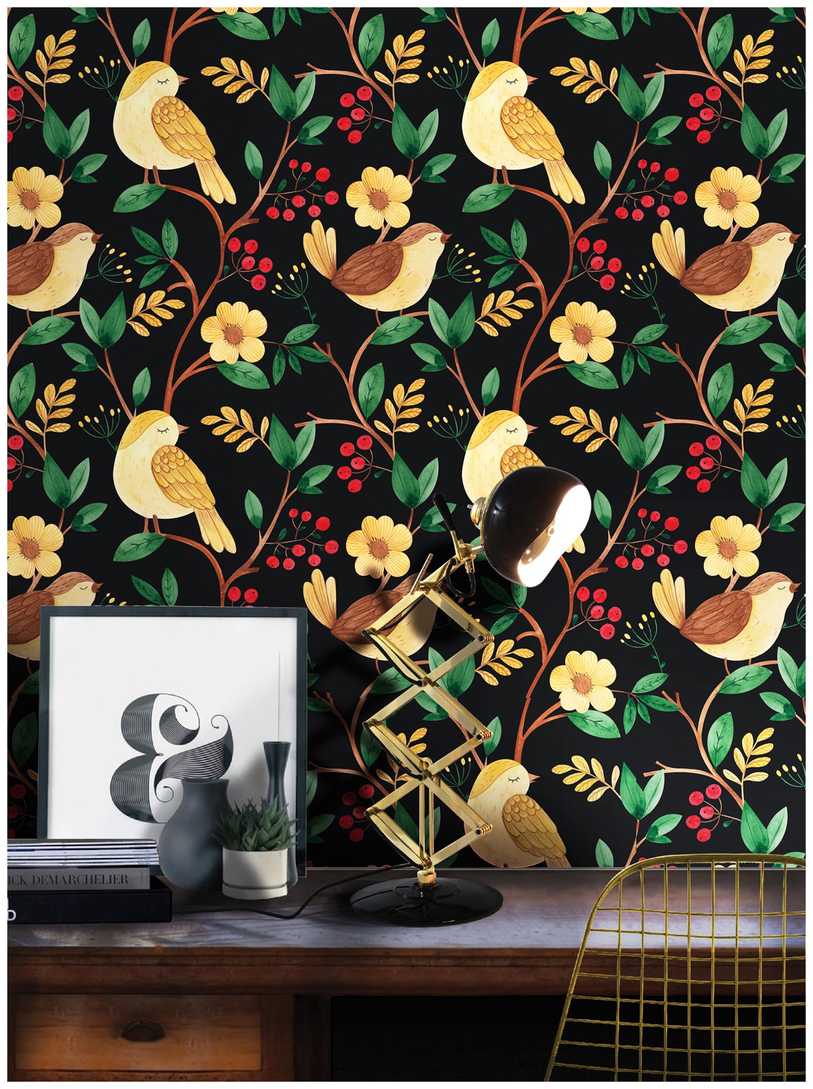 HaokHome 93057 Peel Stick Wallpaper Cartoon Forest Birds Floral Black Multicolor Removable Contact Wall Paper for Livingroom Bedroom Bathroom Decoration