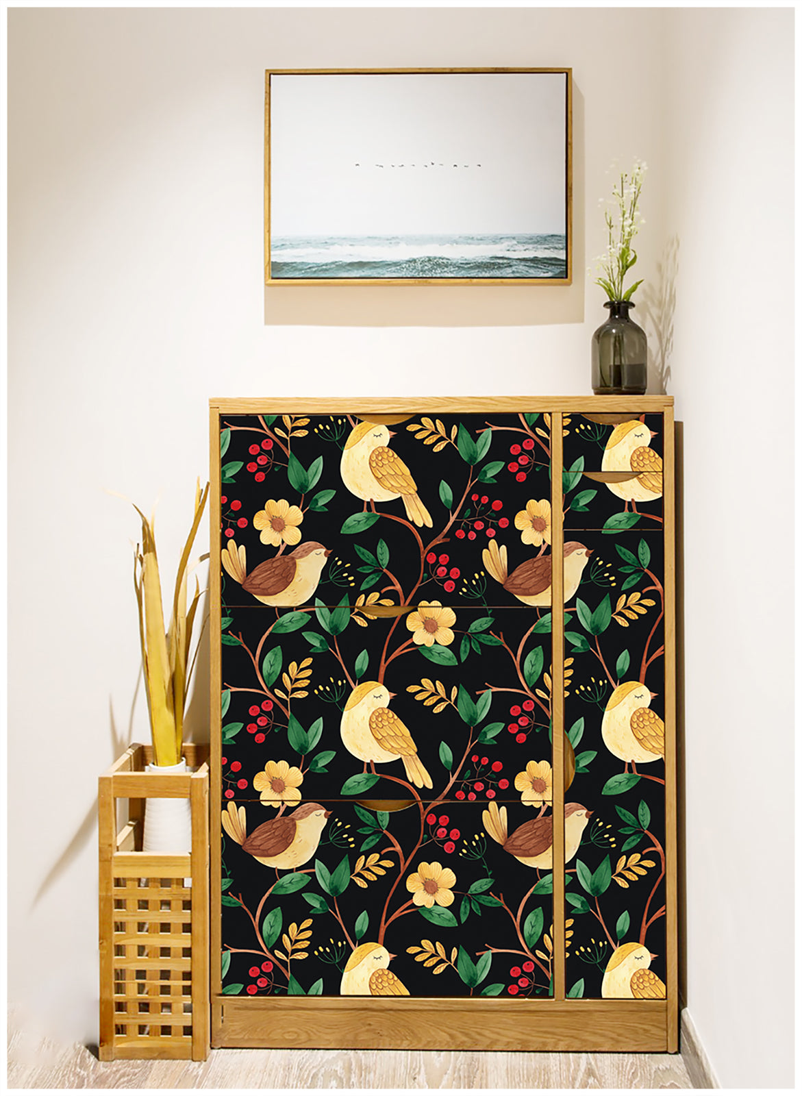 HaokHome 93057 Peel Stick Wallpaper Cartoon Forest Birds Floral Black Multicolor Removable Contact Wall Paper for Livingroom Bedroom Bathroom Decoration