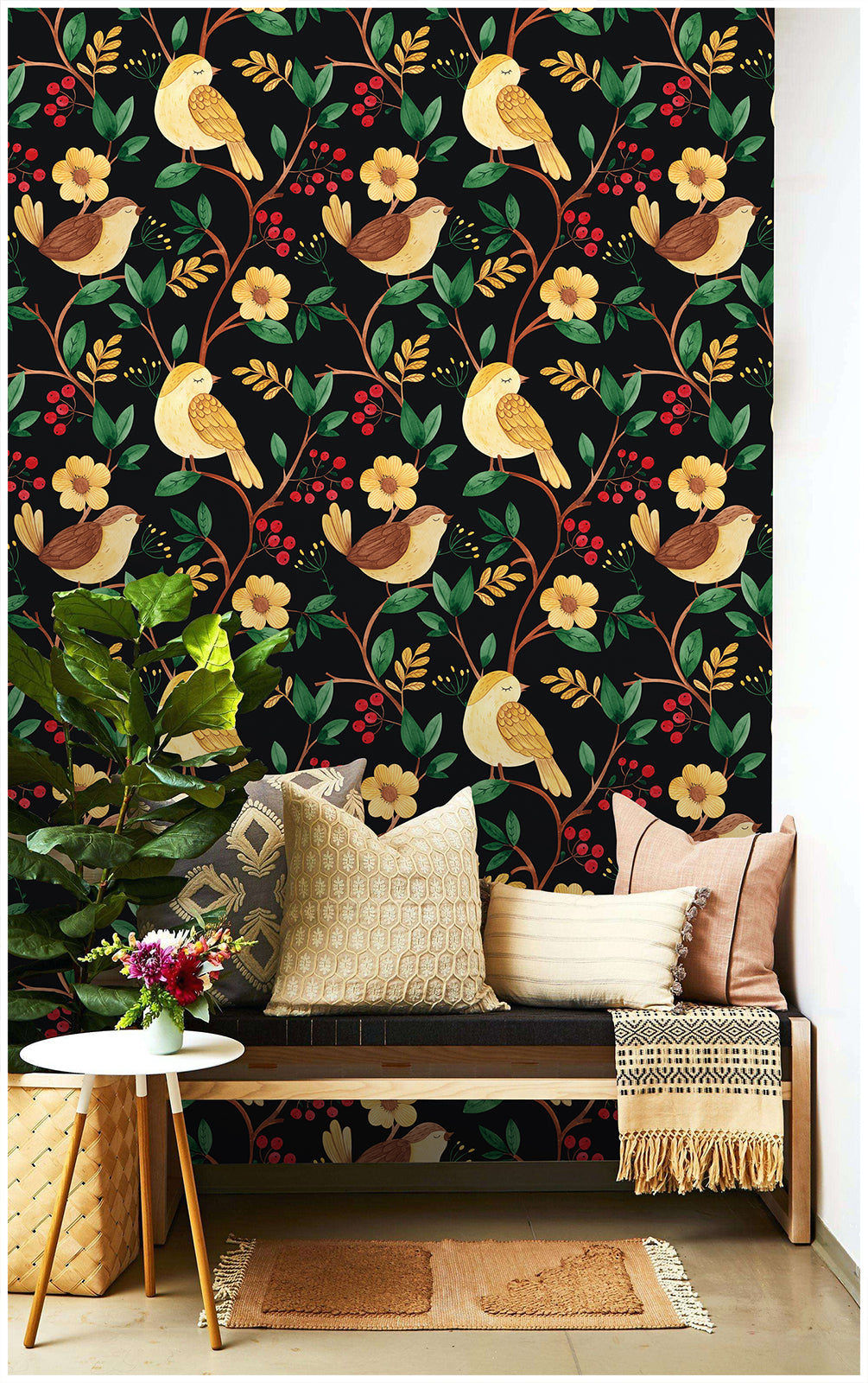 HaokHome 93057 Peel Stick Wallpaper Cartoon Forest Birds Floral Black Multicolor Removable Contact Wall Paper for Livingroom Bedroom Bathroom Decoration