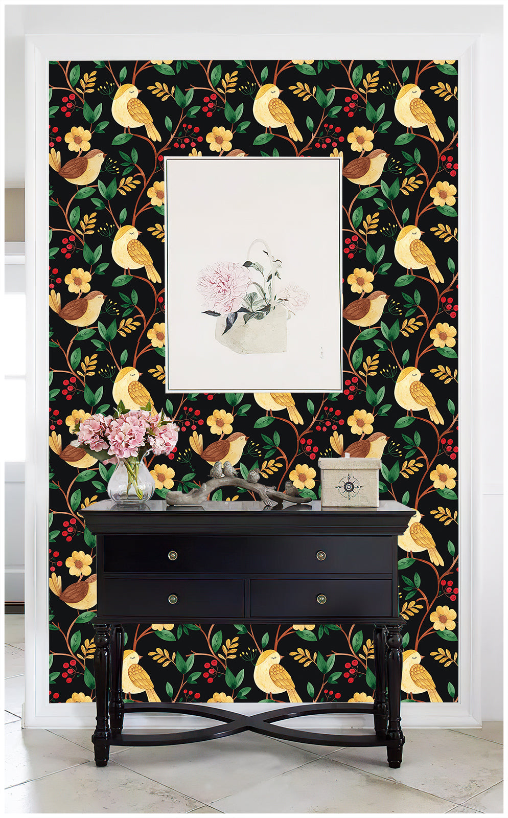HaokHome 93057 Peel Stick Wallpaper Cartoon Forest Birds Floral Black Multicolor Removable Contact Wall Paper for Livingroom Bedroom Bathroom Decoration