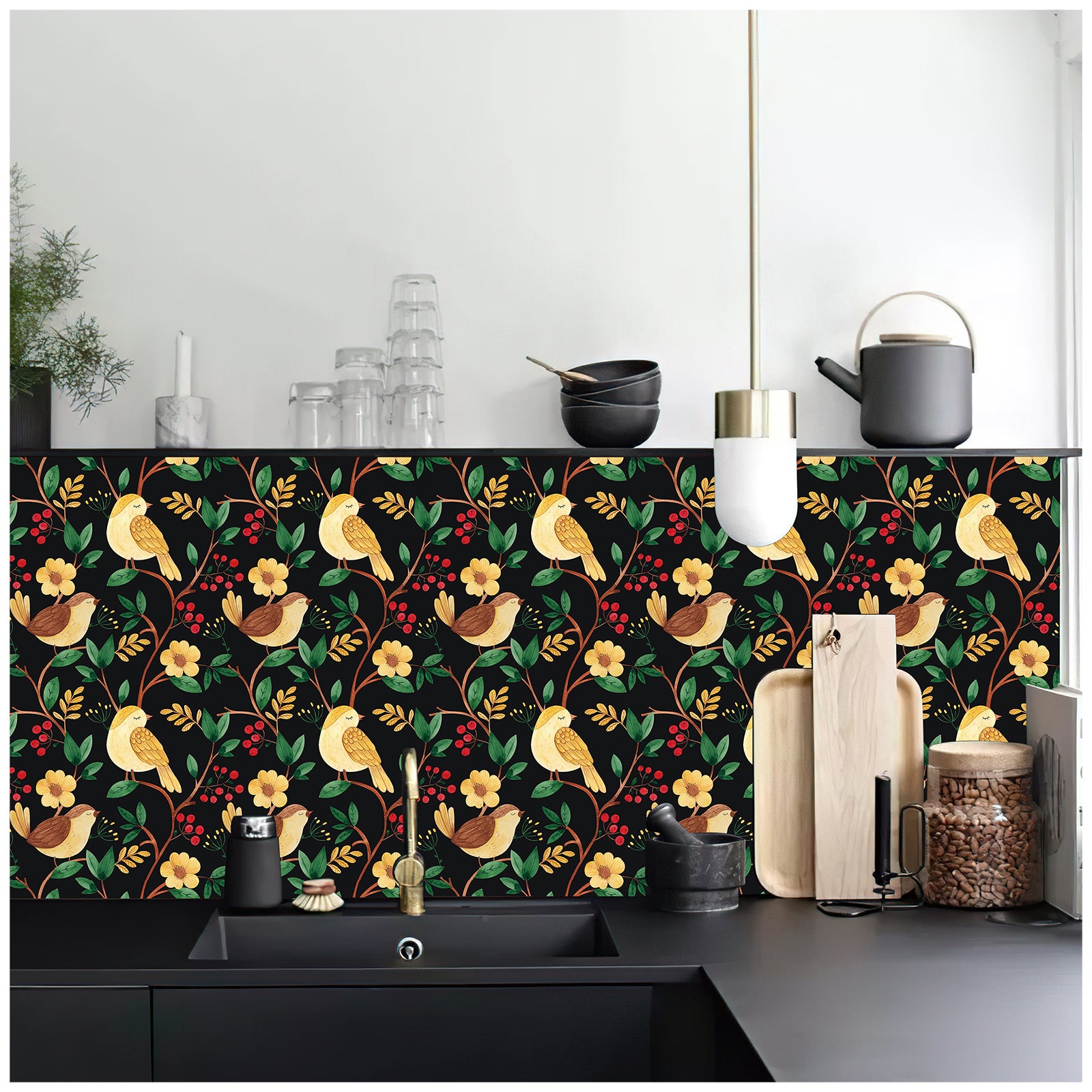 HaokHome 93057 Peel Stick Wallpaper Cartoon Forest Birds Floral Black Multicolor Removable Contact Wall Paper for Livingroom Bedroom Bathroom Decoration