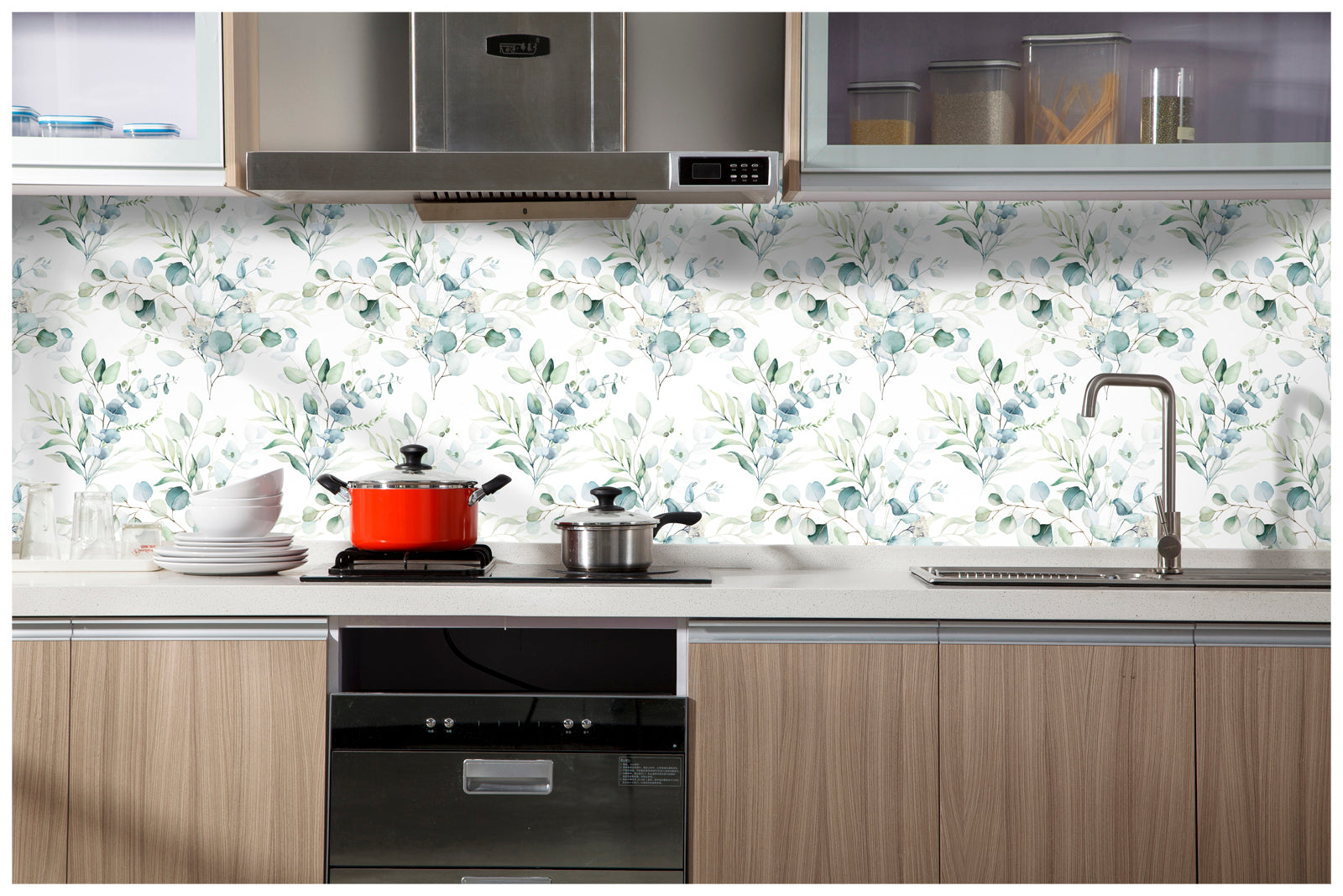 HAOKHOME 93042 Peel and Stick Wallpaper Boho Green/White Eucalyptus Leaf Floral Wall Mural Home Nursery Decor Renter Friendly Wallpaper