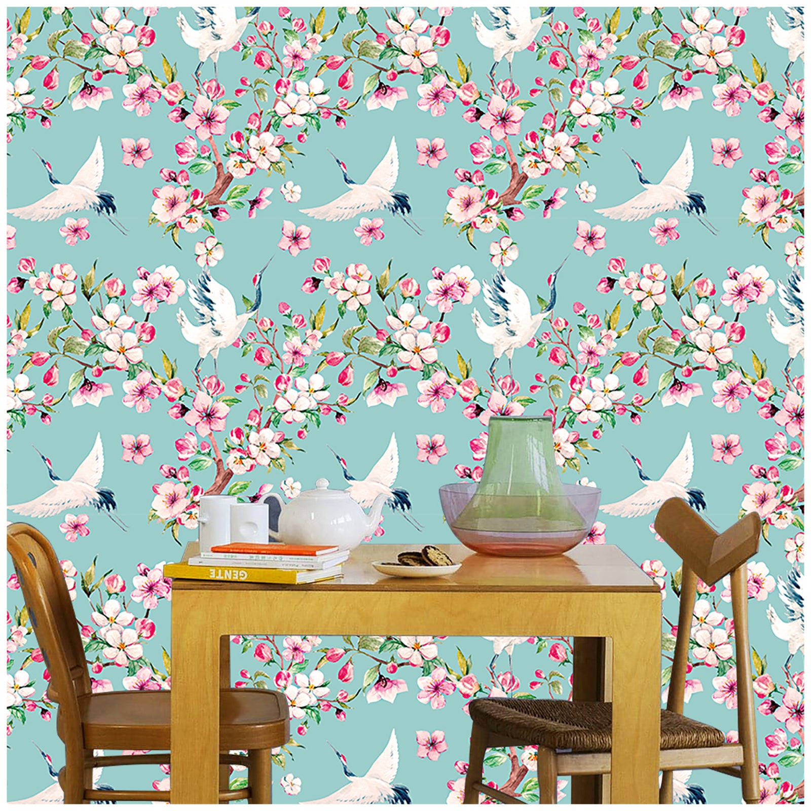 HaokHome 93073 Peel and Stick Wallpaper Cherry Blossom Floral Wallpaper Crane Birds Temporary Wallpaper for Walls