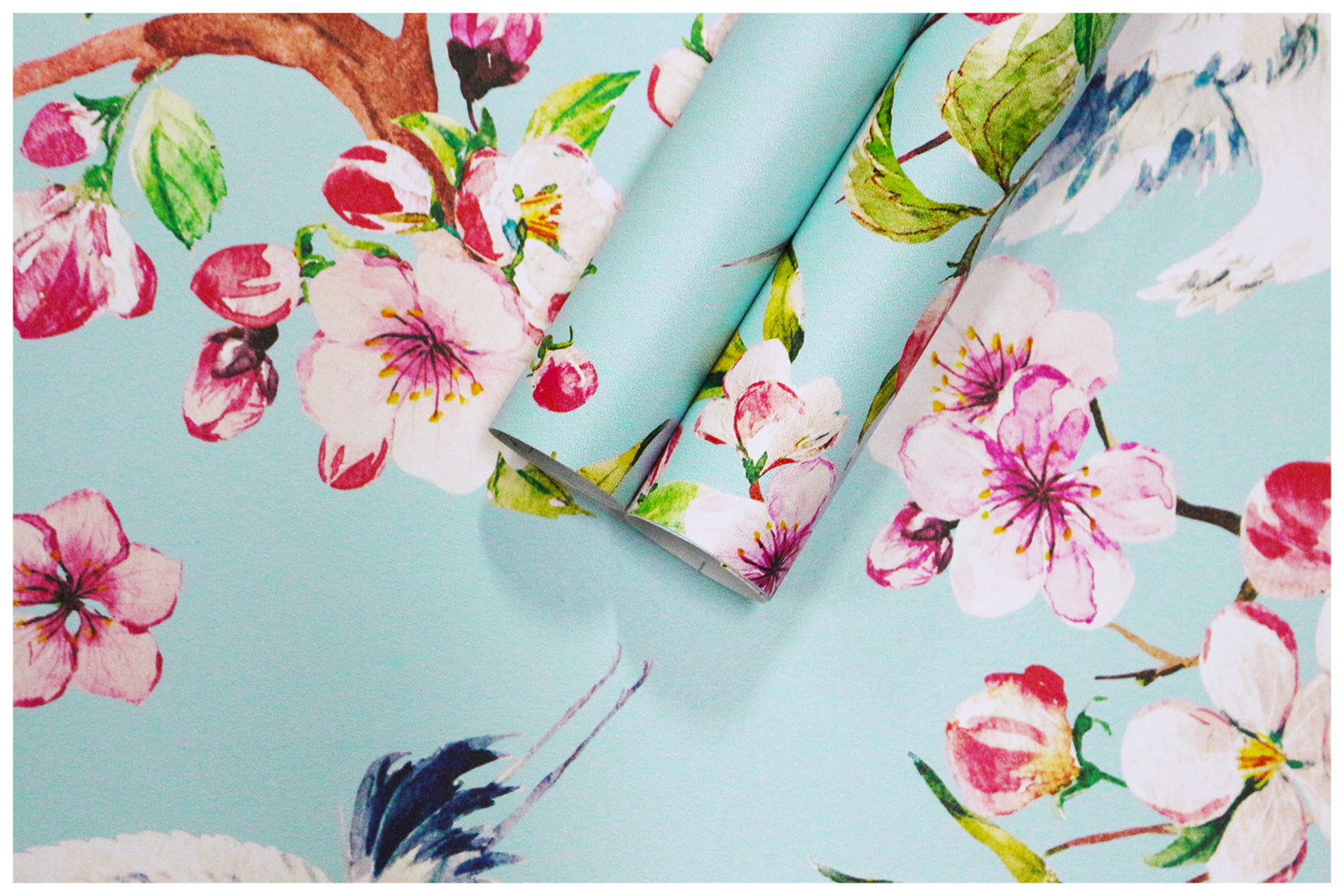 HaokHome 93073 Peel and Stick Wallpaper Cherry Blossom Floral Wallpaper Crane Birds Temporary Wallpaper for Walls