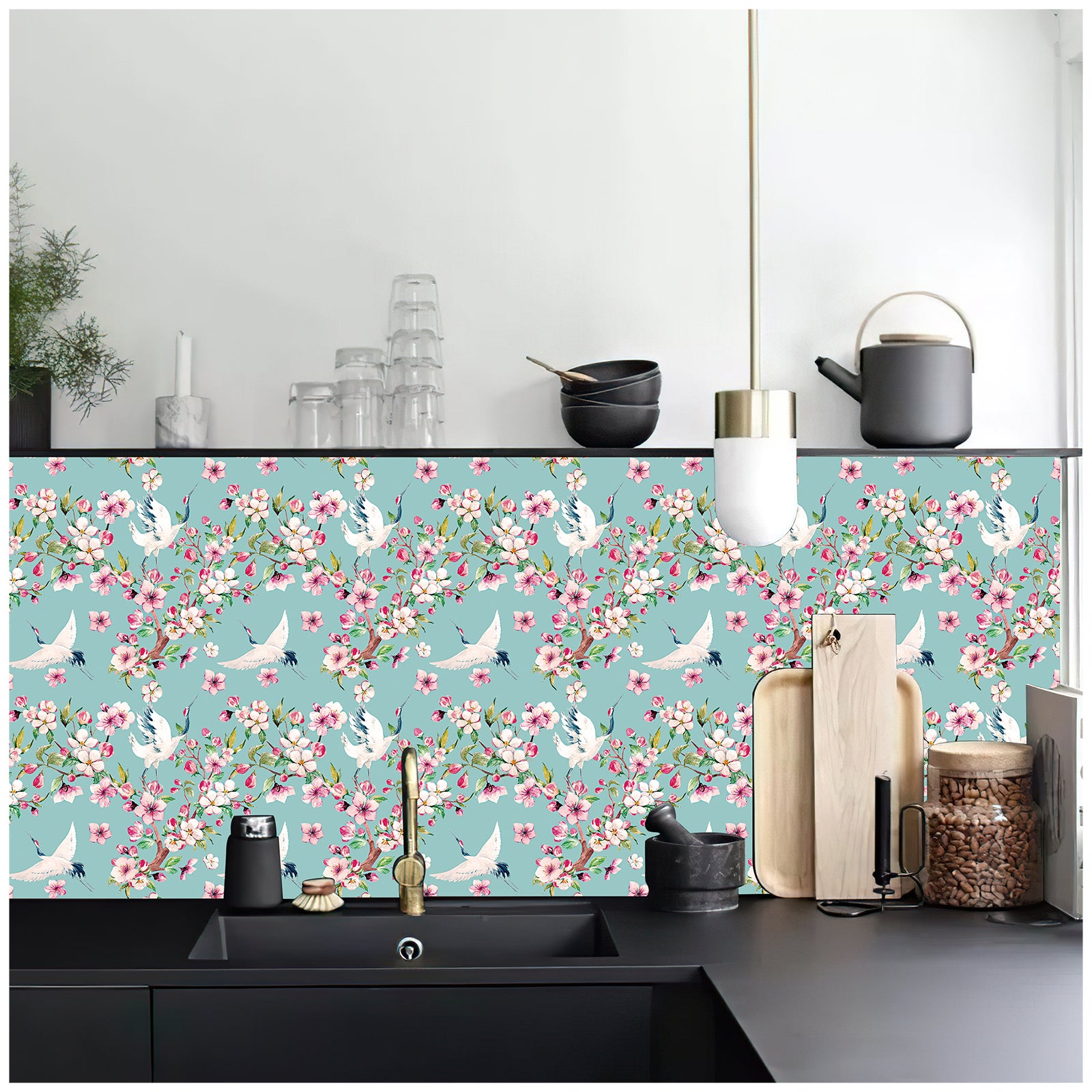 HaokHome 93073 Peel and Stick Wallpaper Cherry Blossom Floral Wallpaper Crane Birds Temporary Wallpaper for Walls
