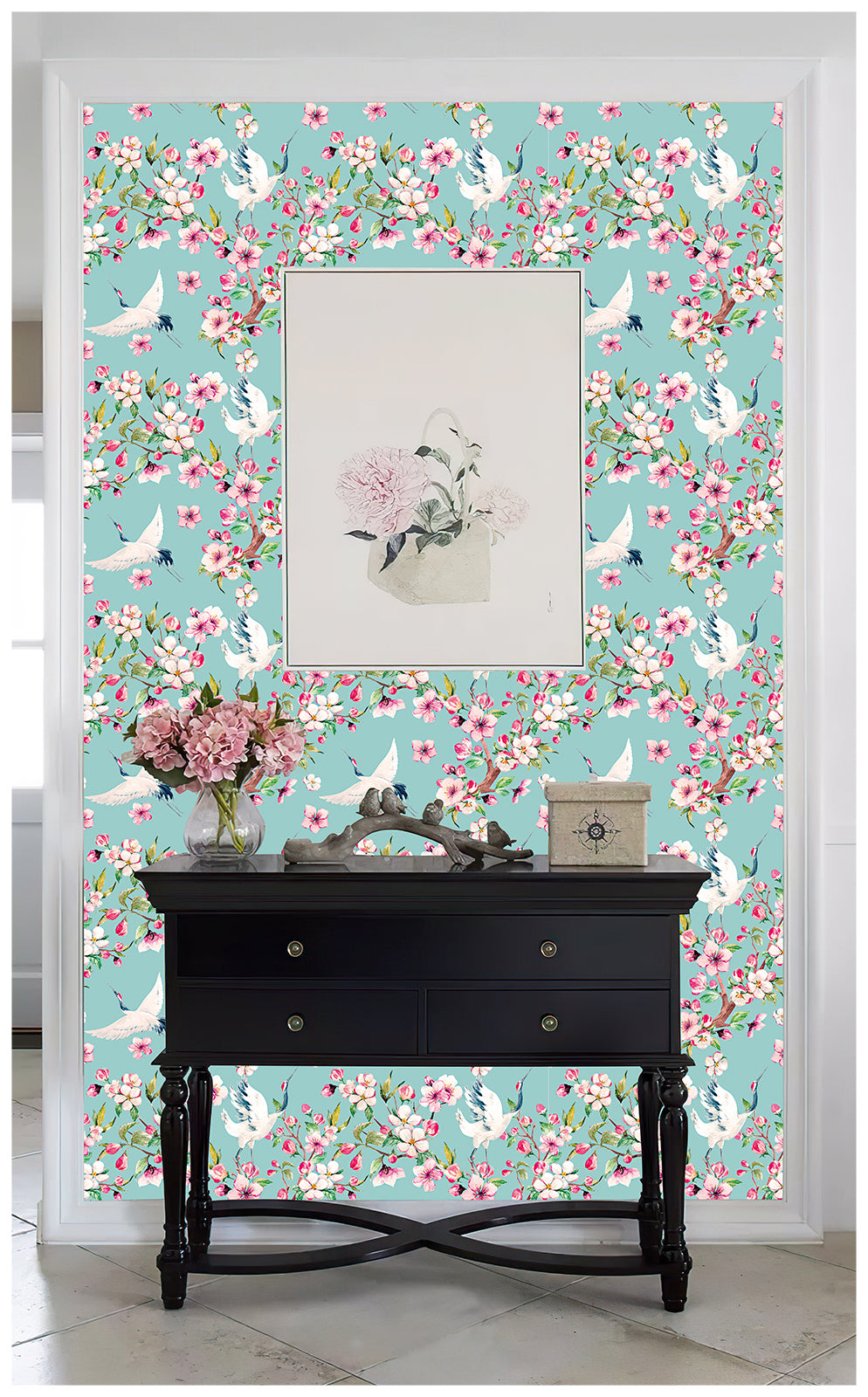 HaokHome 93073 Peel and Stick Wallpaper Cherry Blossom Floral Wallpaper Crane Birds Temporary Wallpaper for Walls