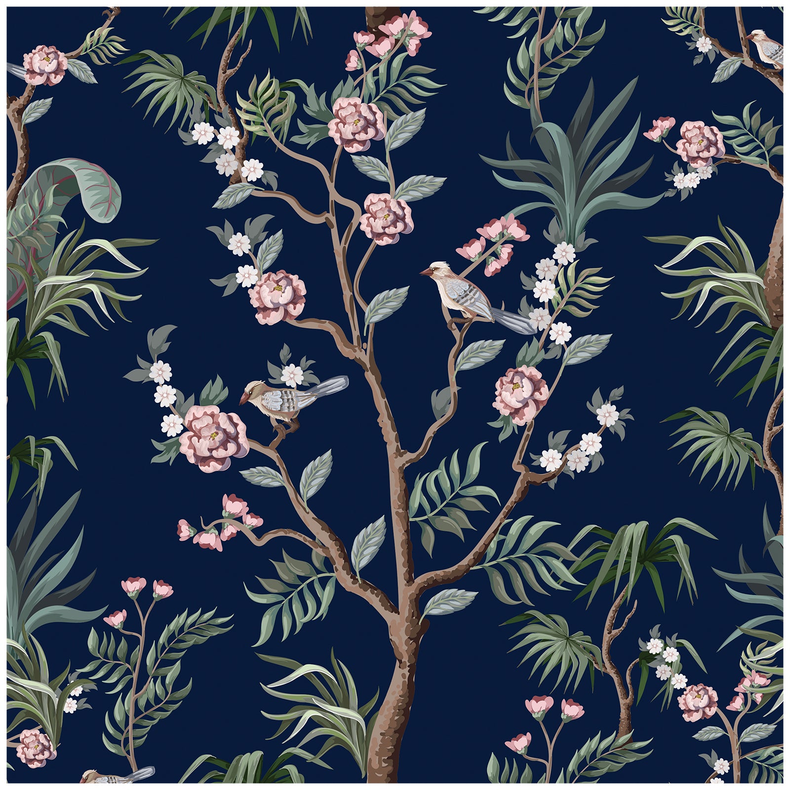 navy floral bird wallpaper