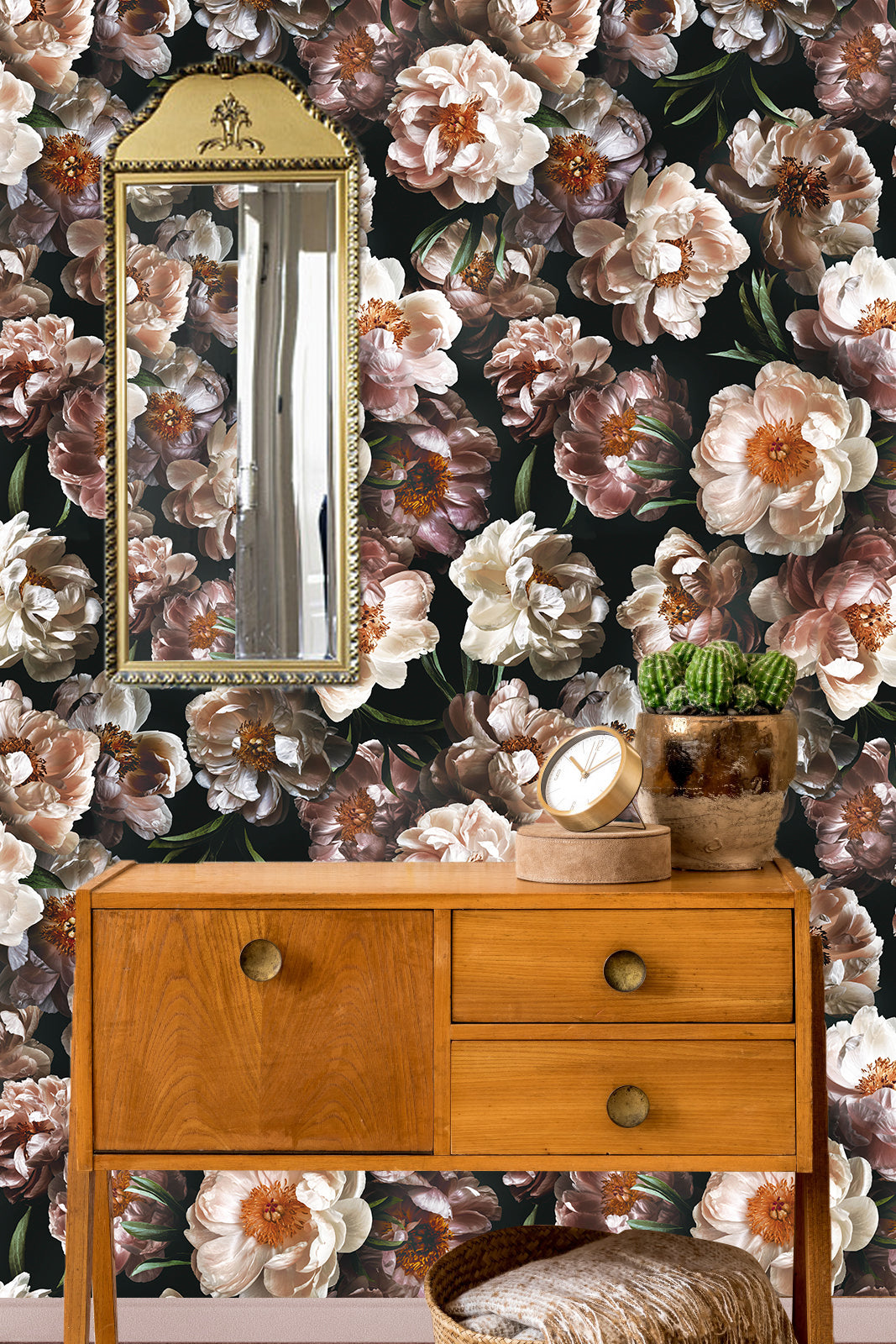HaokHome 93278 Peel and Stick Wallpaper Floral Peony Black Pink Stick on Wallpaper Murals