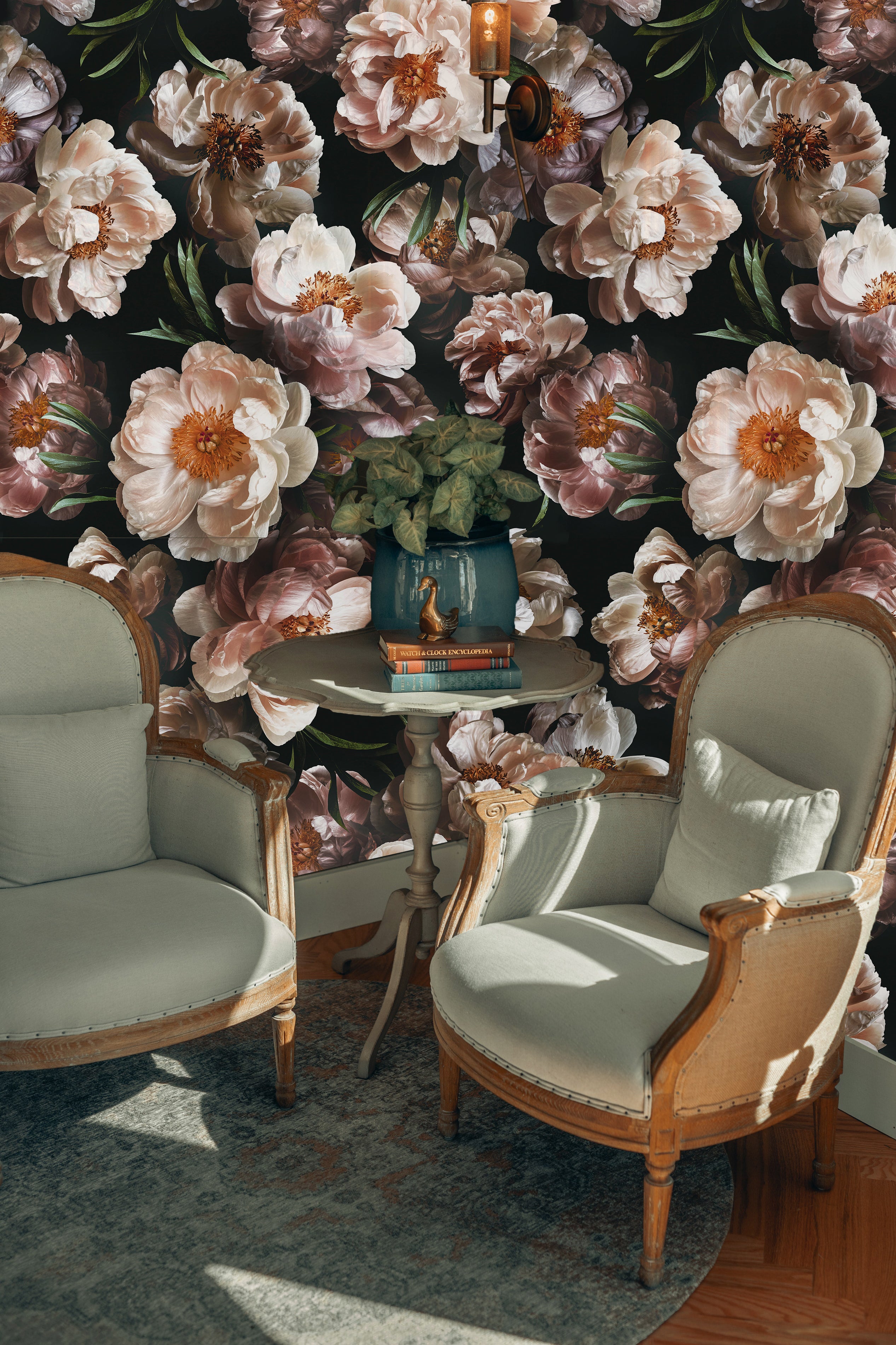HaokHome 93278 Peel and Stick Wallpaper Floral Peony Black Pink Stick on Wallpaper Murals