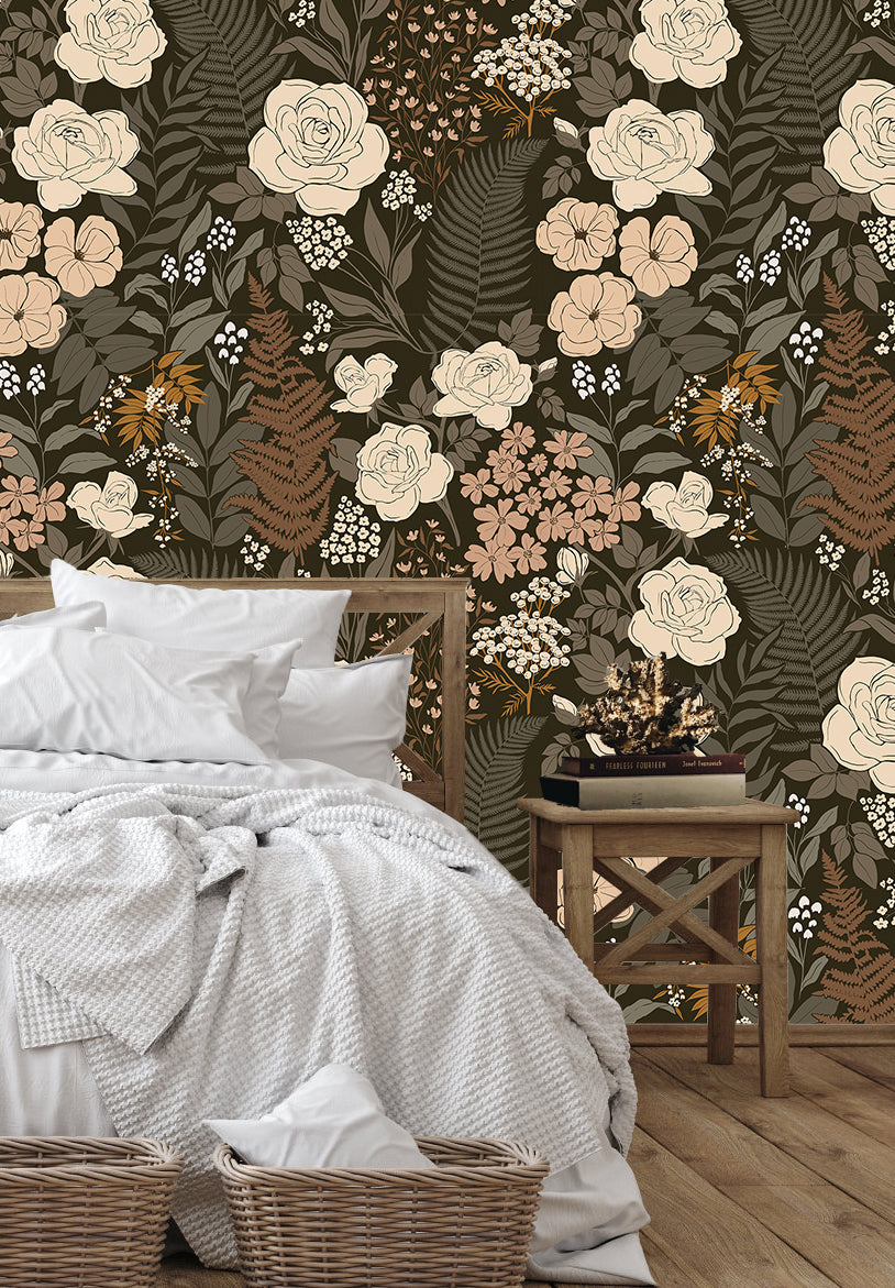 HAOKHOME 93276 Peel and Stick Wallpaper Floral Vintage Removable Rose Leaf Black/Brown/Beige Stick on Mural