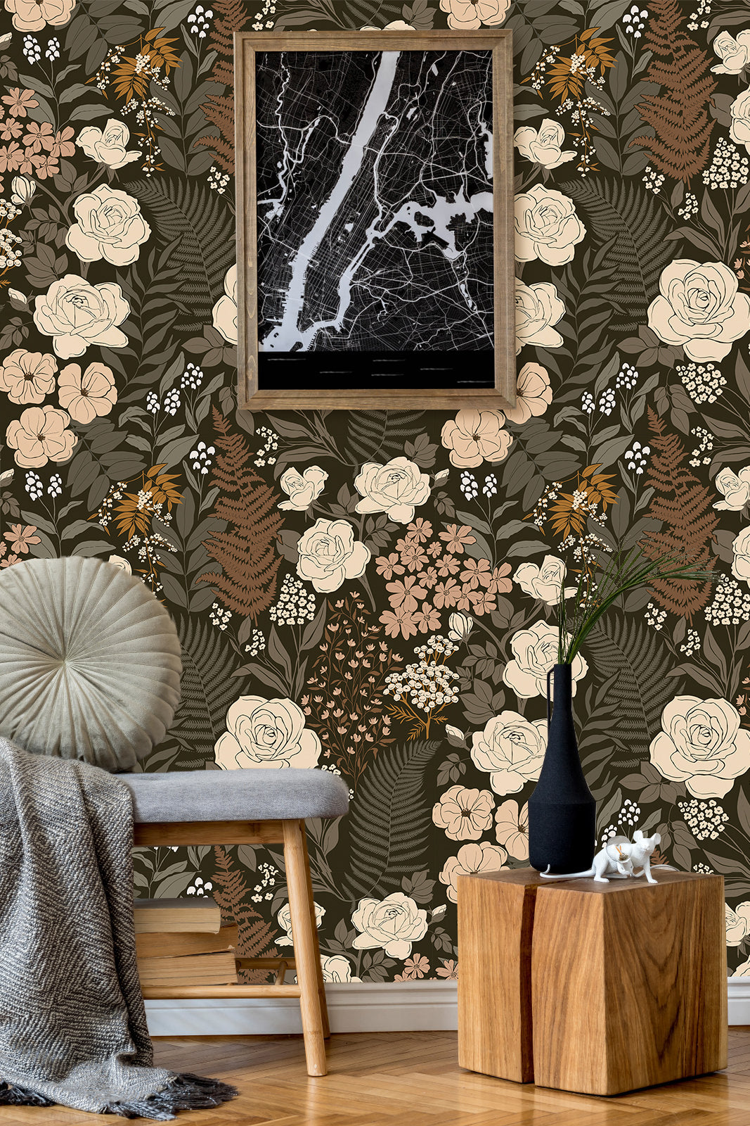 HAOKHOME 93276 Peel and Stick Wallpaper Floral Vintage Removable Rose Leaf Black/Brown/Beige Stick on Mural
