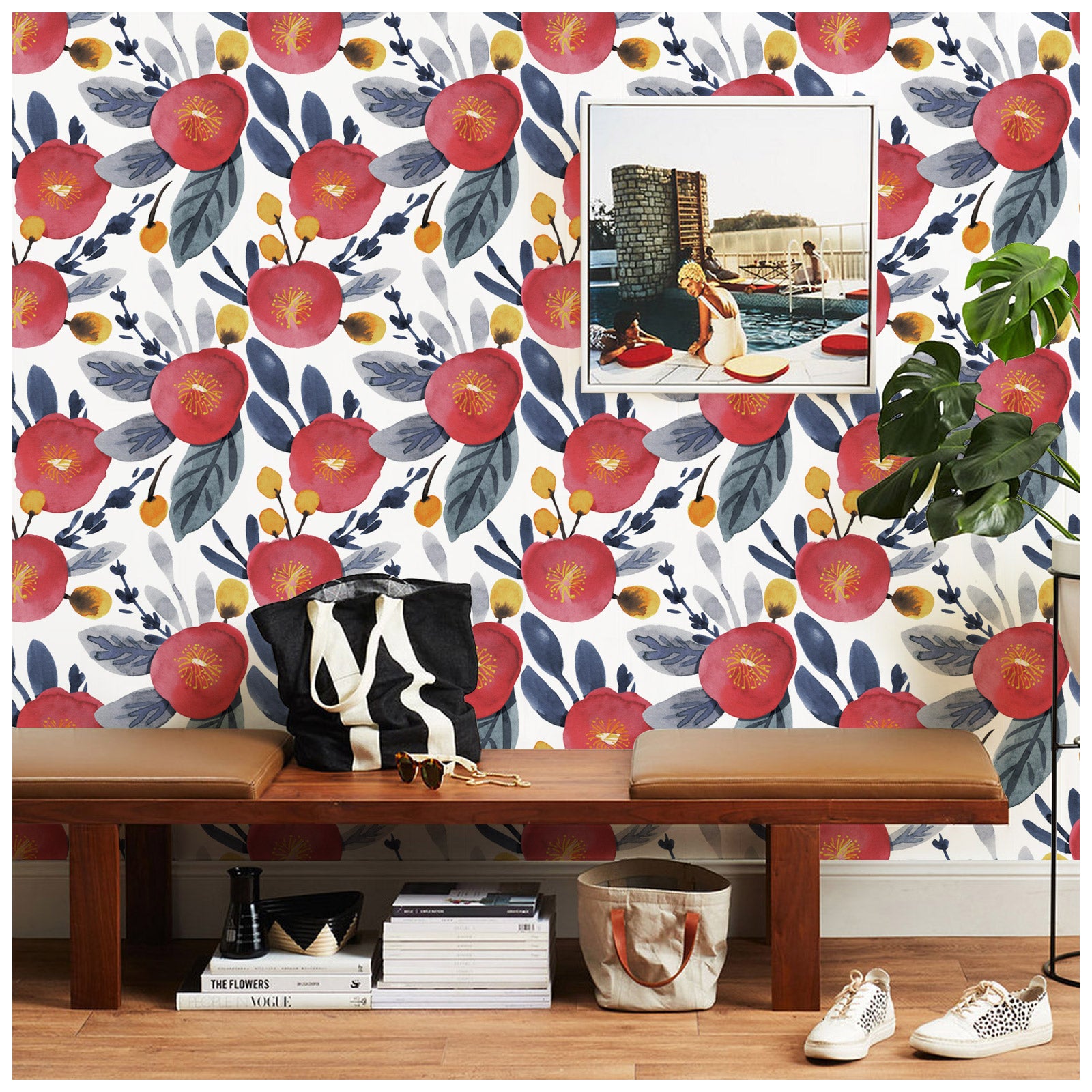 HaokHome 93121 Red Flowers Wallpaper Peel and Stick Wallpaper Murals Removable Contact Wall Paper