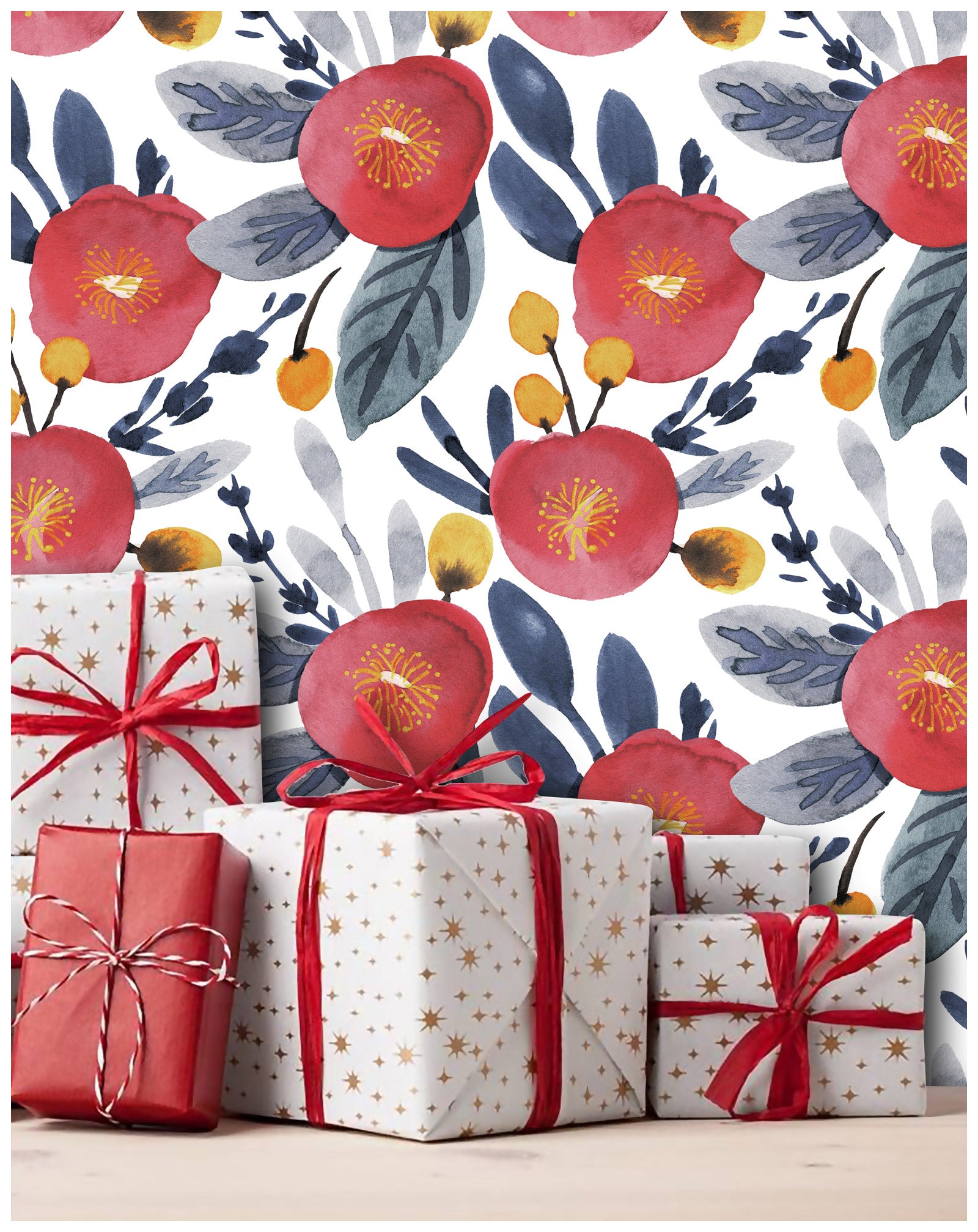 HaokHome 93121 Red Flowers Wallpaper Peel and Stick Wallpaper Murals Removable Contact Wall Paper