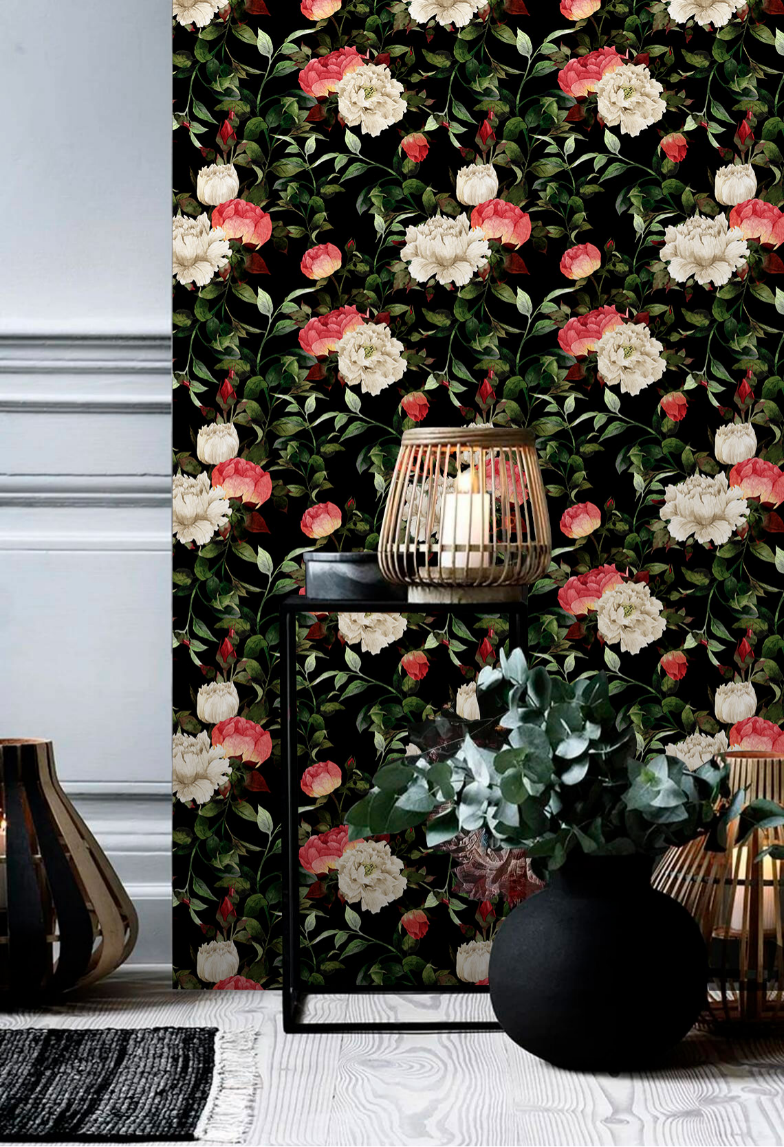 HaokHome 93099 Retro Black Floral Wallpaper Peony Red White Flowers Wall Decals Removable Wallpaper