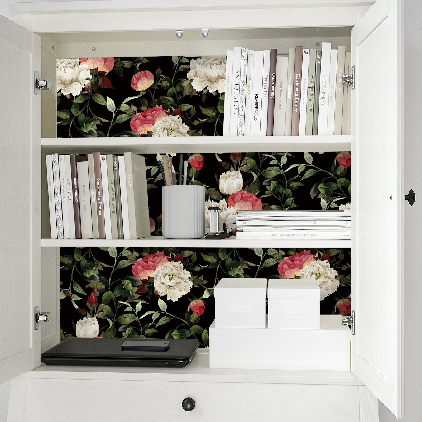 HaokHome 93099 Retro Black Floral Wallpaper Peony Red White Flowers Wall Decals Removable Wallpaper