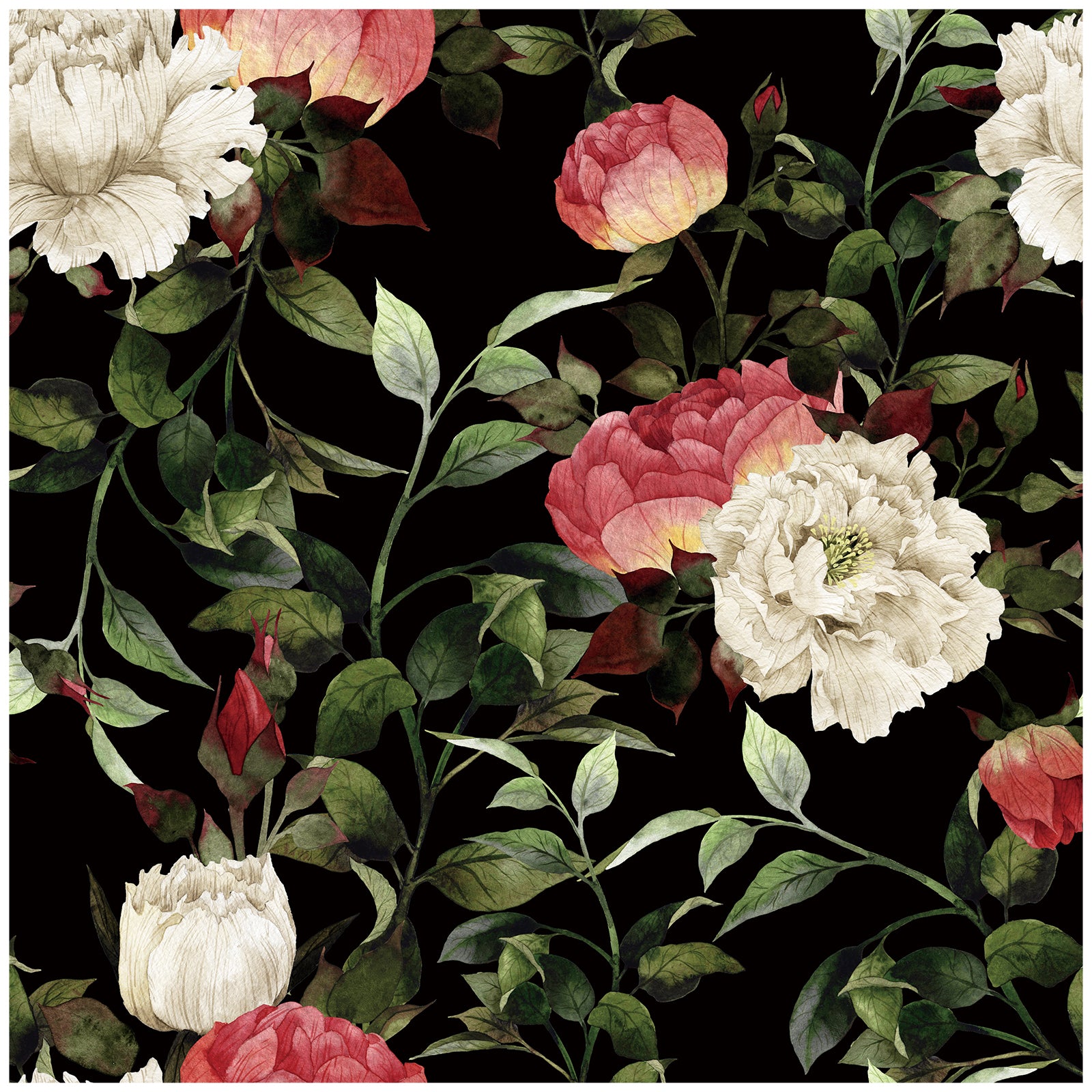 HaokHome 93099 Retro Black Floral Wallpaper Peony Red White Flowers Wall Decals Removable Wallpaper