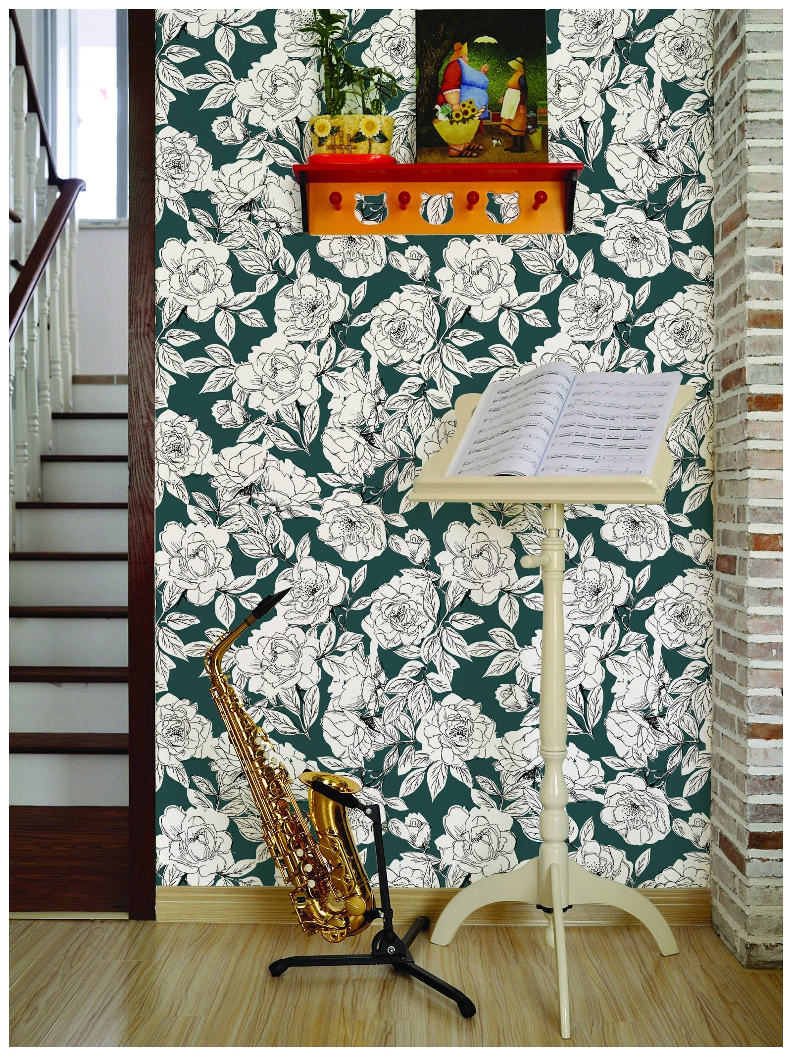 HaokHome 93171-3 Sketched Floral Wallpaper Peel and Stick Removable Blackish Green Vinyl Self Adhesive