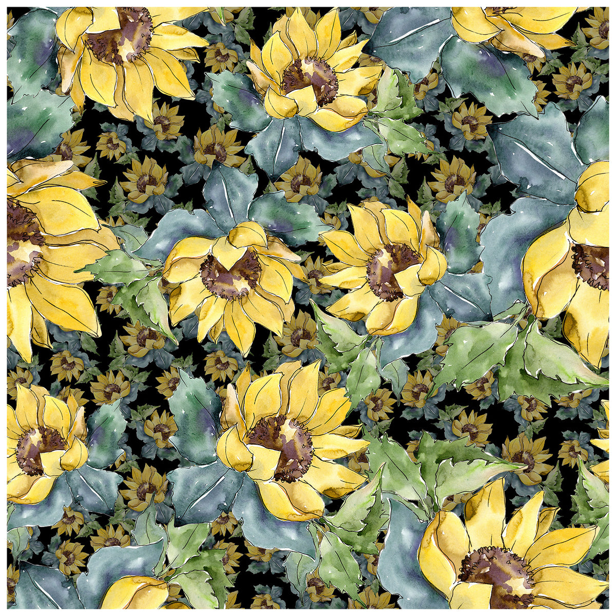 Yellow Sunflowers on Black Background Watercolor Wallpaper
