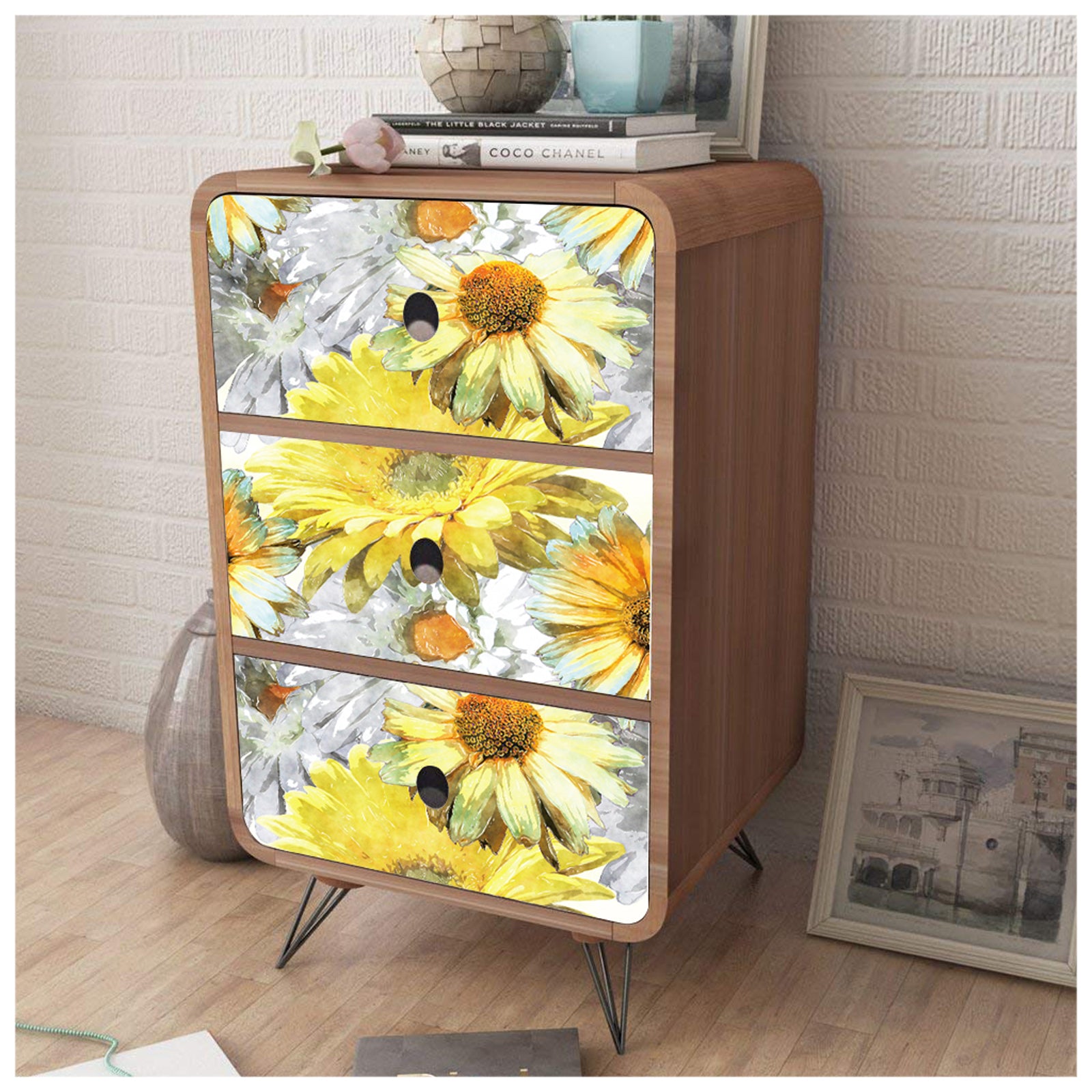 HaokHome 93039 Vintage Sunflower Peel and Stick Wallpaper Yellow Grey Flowers Floral Wall Murals