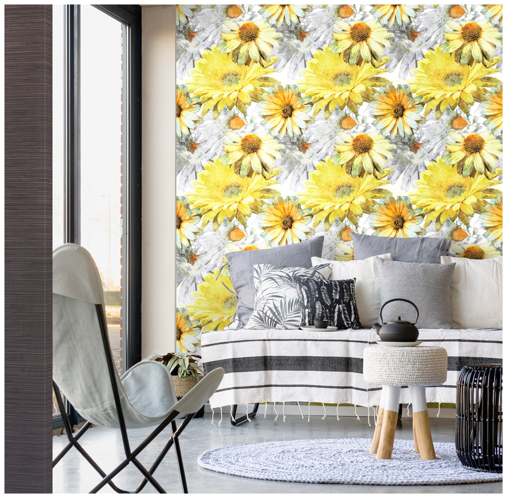 HaokHome 93039 Vintage Sunflower Peel and Stick Wallpaper Yellow Grey Flowers Floral Wall Murals