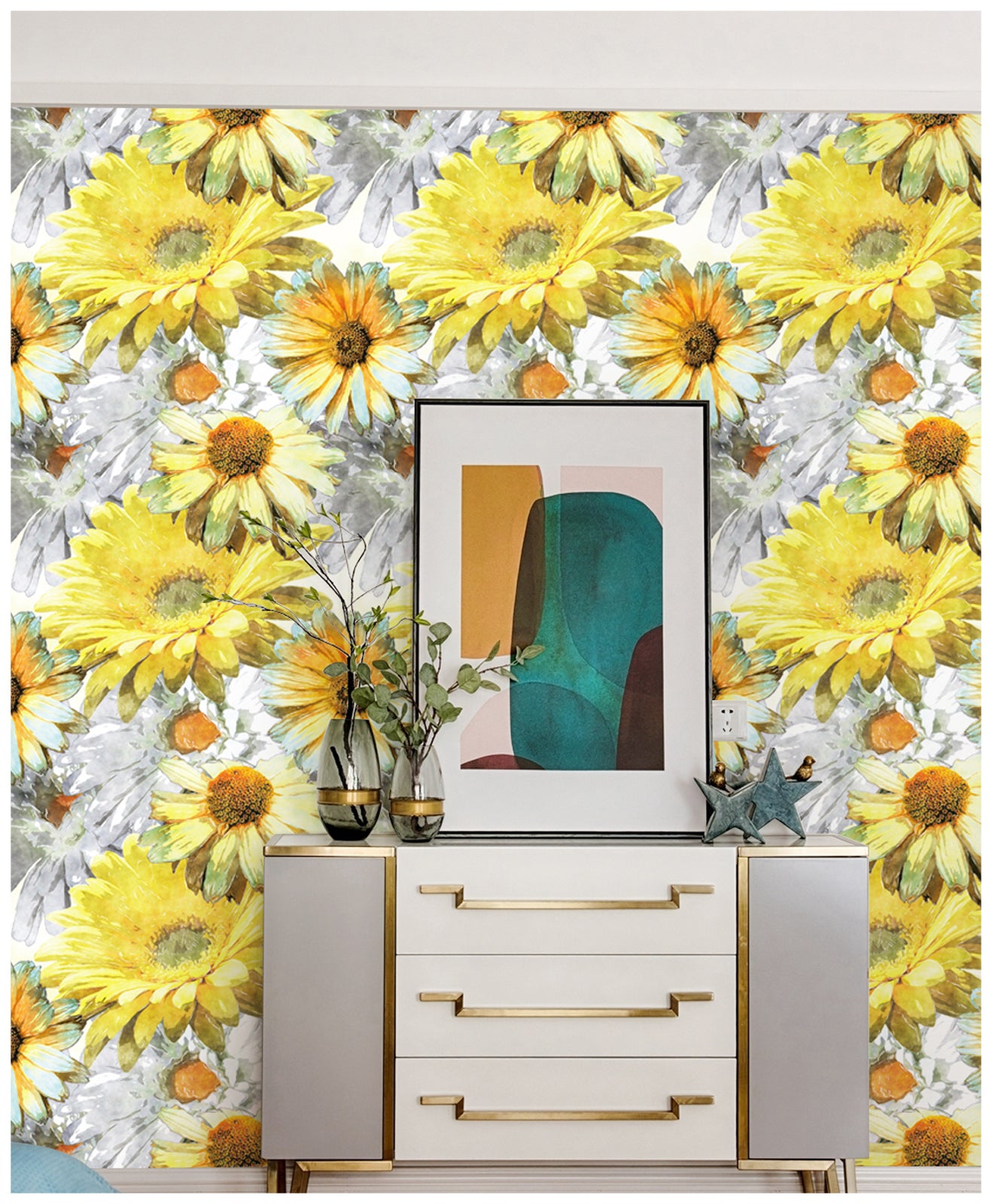 HaokHome 93039 Vintage Sunflower Peel and Stick Wallpaper Yellow Grey Flowers Floral Wall Murals