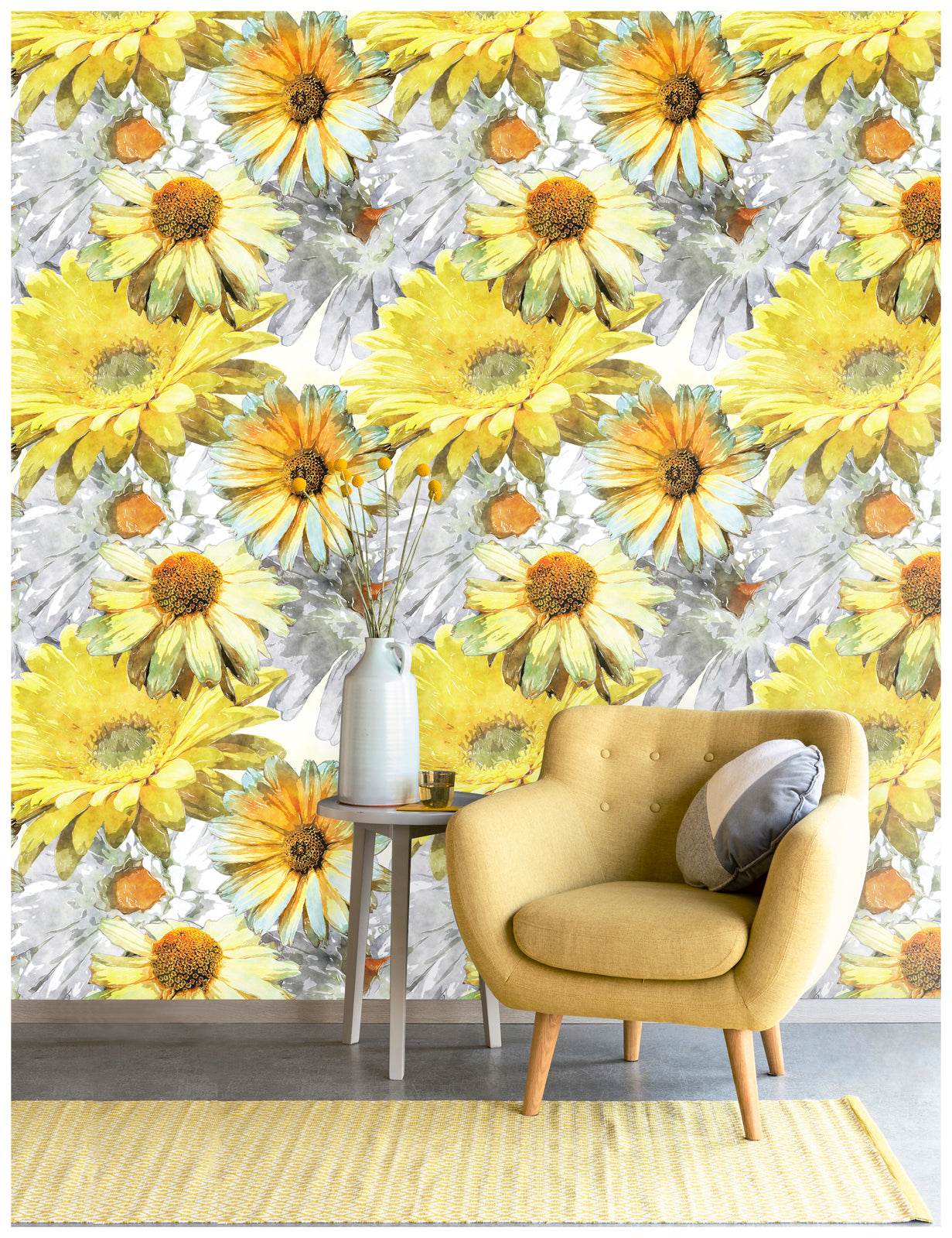 HaokHome 93039 Vintage Sunflower Peel and Stick Wallpaper Yellow Grey Flowers Floral Wall Murals