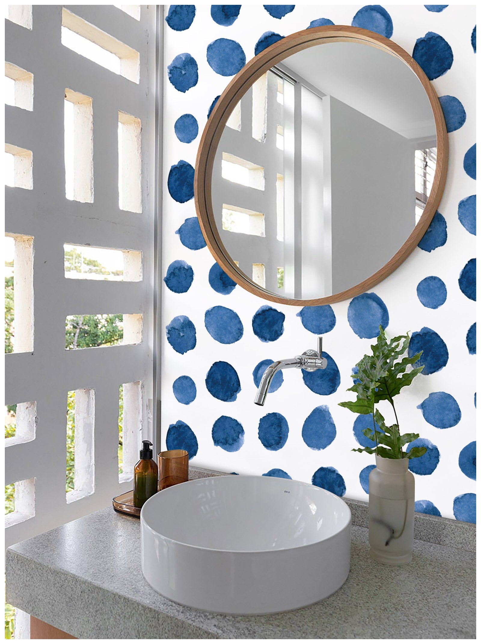 HAOKHOME 96099-1 Watercolor Brush Strokes Dots Peel and Stick Wallpaper Removable Indigo Blue/White Vinyl Self Adhesive Mural