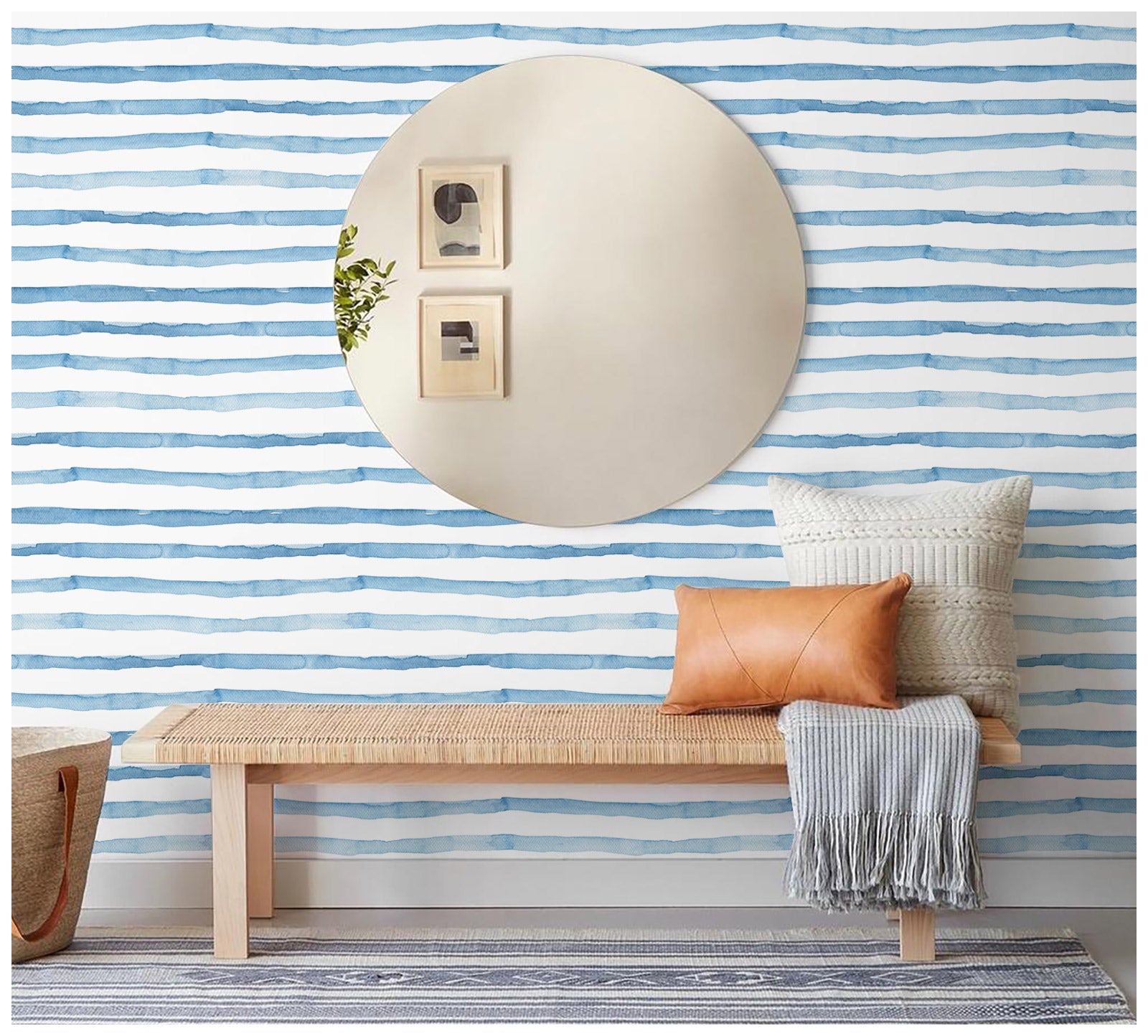 HAOKHOME 96100-1 Watercolor Brush Strokes Stripes Peel and Stick Wallpaper Removable Indigo Blue/White Vinyl Self Adhesive Mural