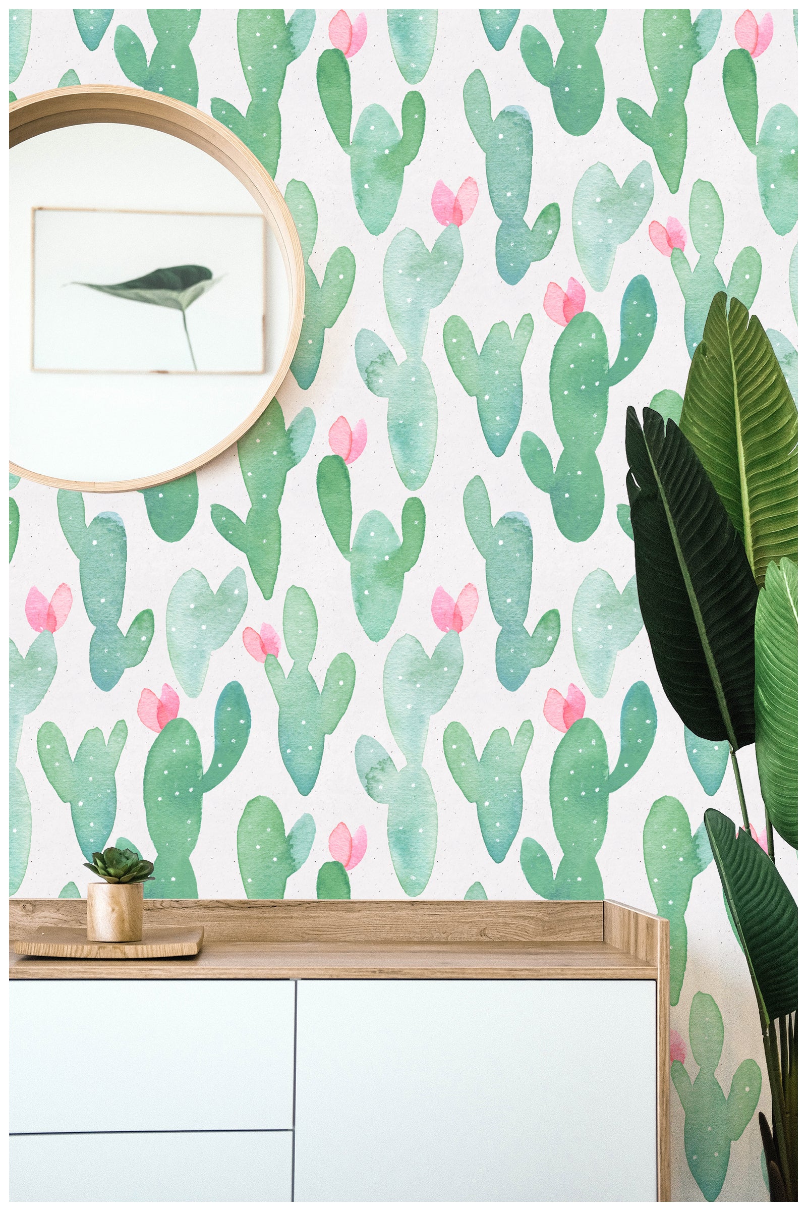 HaokHome 93014 Watercolor Cactus Peel and Stick Wallpaper Removable Contact Wall Paper Sticker Pull for Cabinets Lockers, Green and Pink