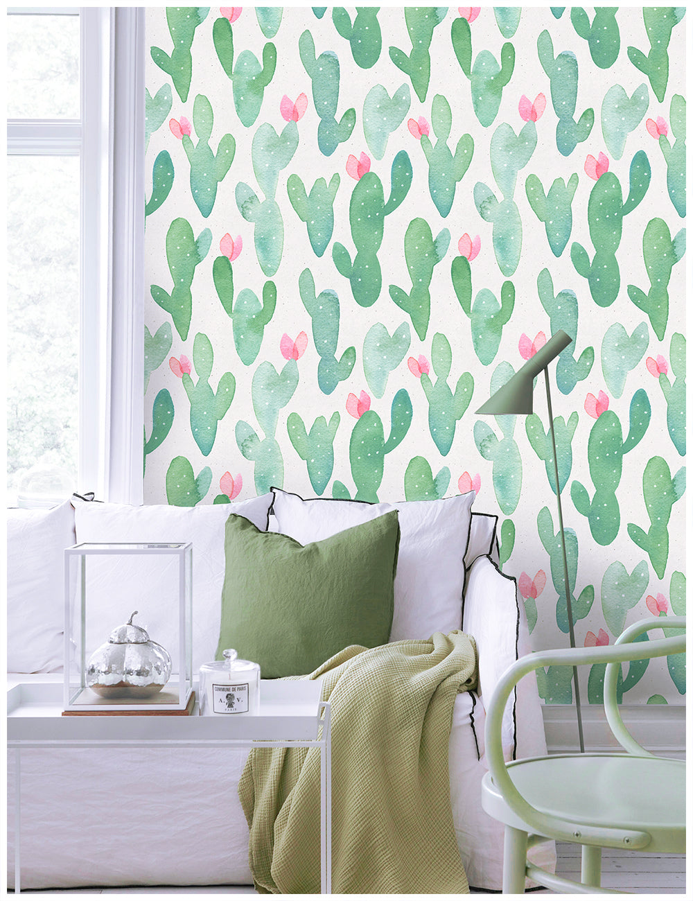 HaokHome 93014 Watercolor Cactus Peel and Stick Wallpaper Removable Contact Wall Paper Sticker Pull for Cabinets Lockers, Green and Pink