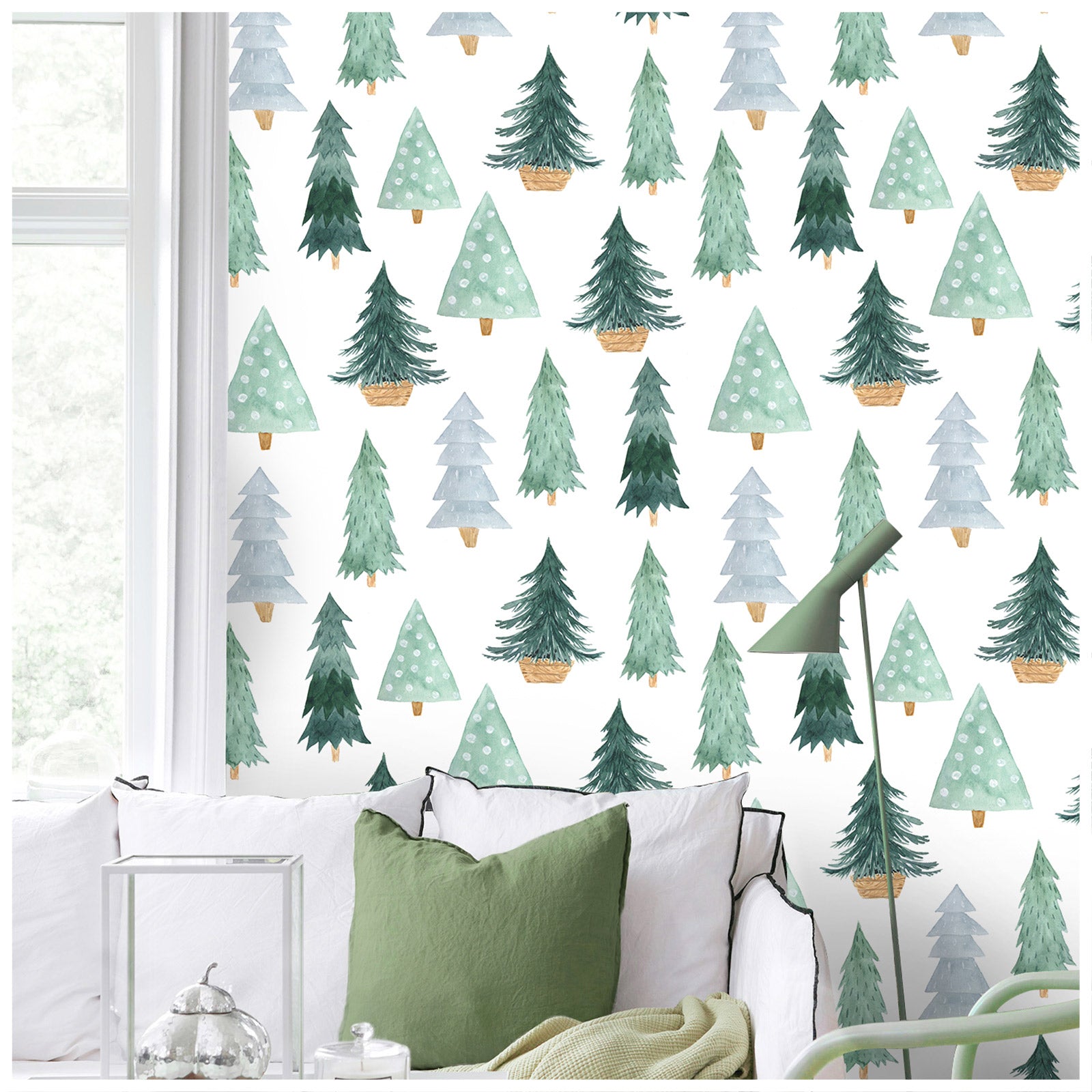 HaokHome 99030 Watercolor Christmas Tree Wallpaper Christmas Wall Decor Forest Wall Paper