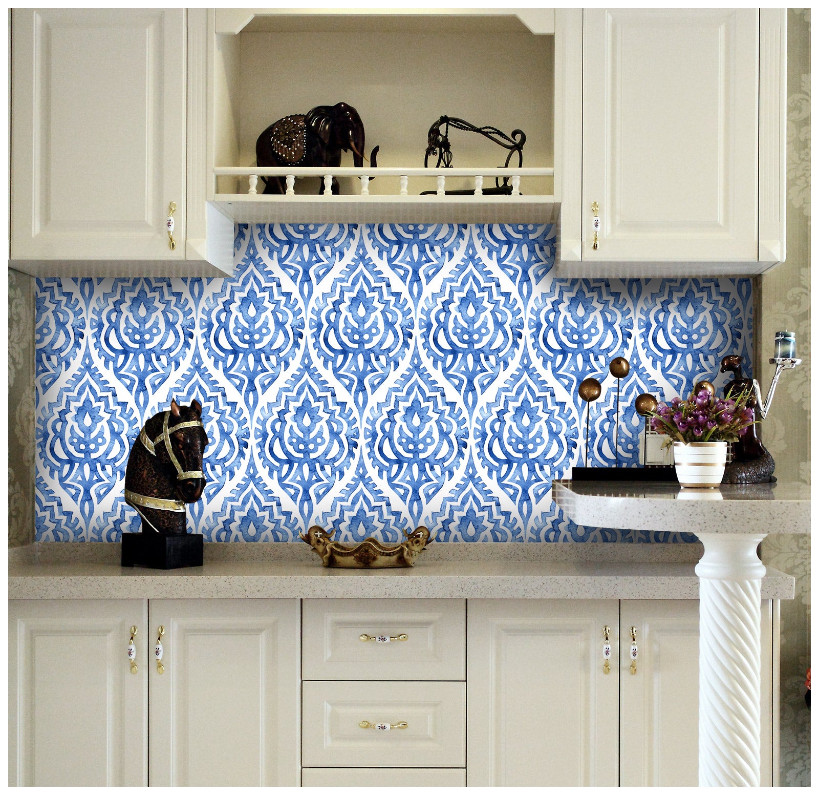 HaokHome 94022-1 Watercolor Damask Peel and Stick Wallpaper Vinyl Self Adhesive Contactpaper