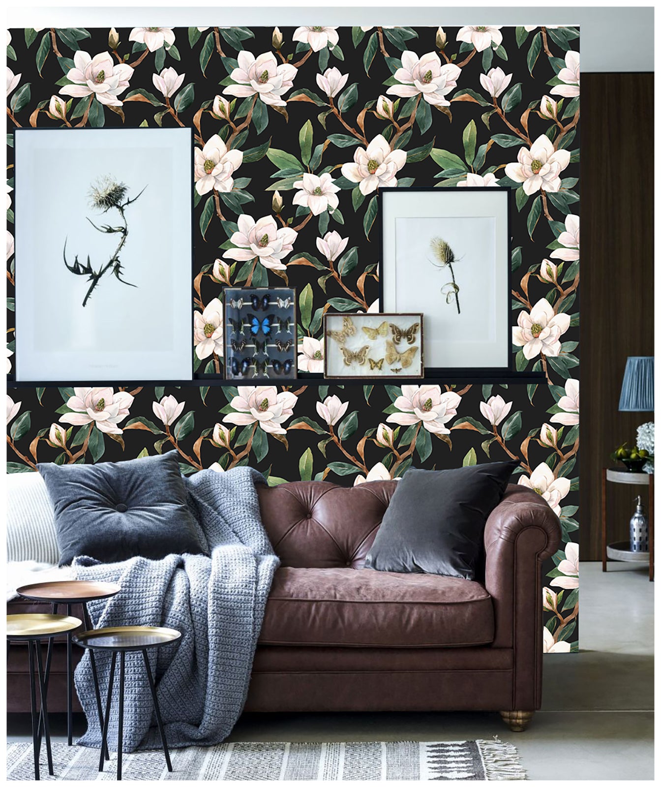 HaokHome 93086 White Flowers Bloom Floral Peel and Stick Wallpaper Black/White/Green Removable Contact Paper