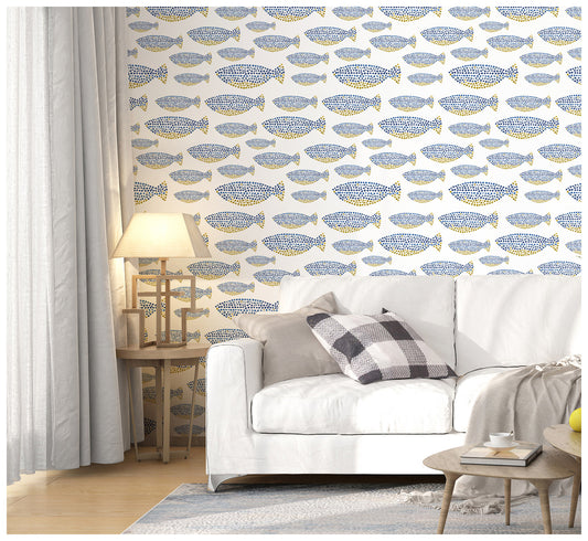 HaokHome 96057 Abstract Fish Wallpaper Peel and Stick Blue Removable Contact Paper
