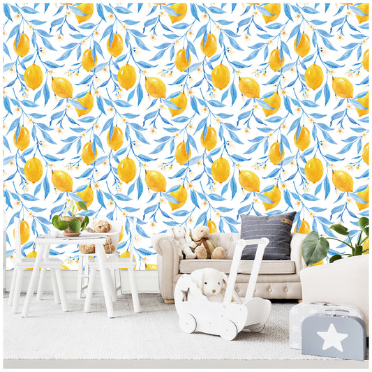 HaokHome 93083 Removable Peel Stick Wallpaper Lemon Fruit Flower Yellow/Blue Stick On Contact Wall Paper for Home Decor