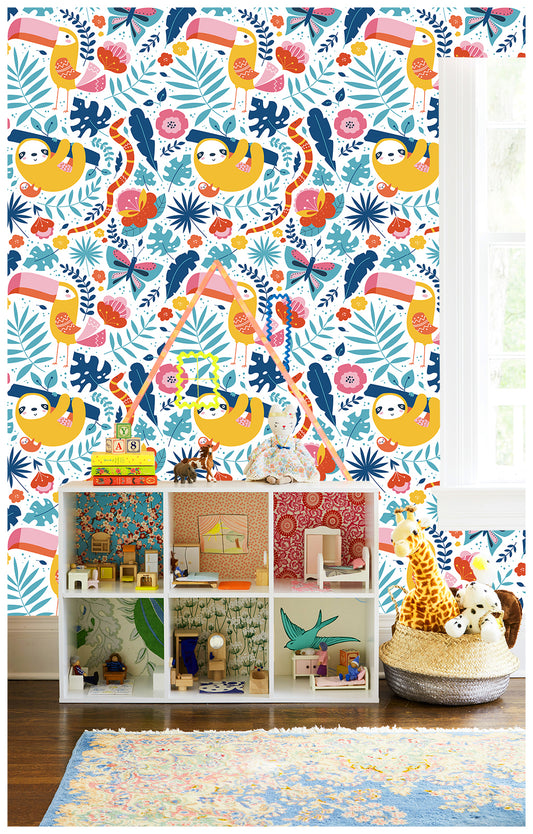 HaokHome 93052 Cute Peel and Stick Wallpaper with Parrot and Sloth Patterned for Nursery Kid Rooms Deco