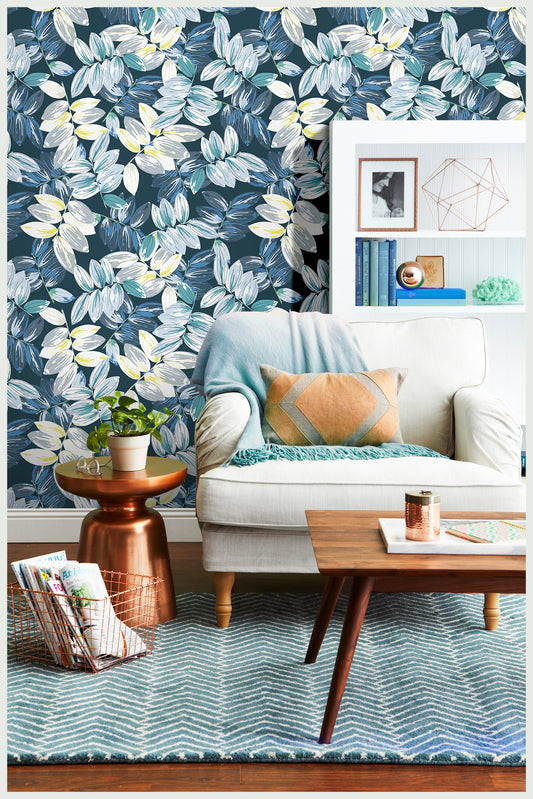 HaokHome 93045 Wallpaper Peel and Stick Blue Leaf Contact Paper Watercolor Branch Leaves Self Adhesive Textured Wall Paper
