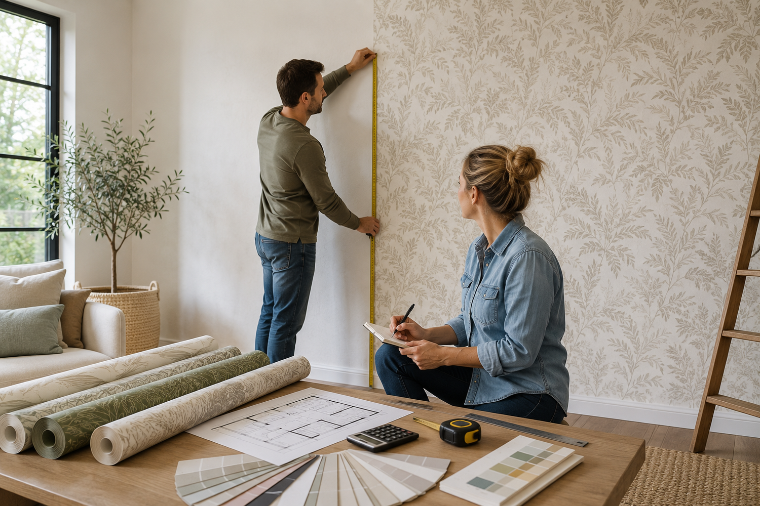Couple measuring a wall and calculating wallpaper coverage before installation