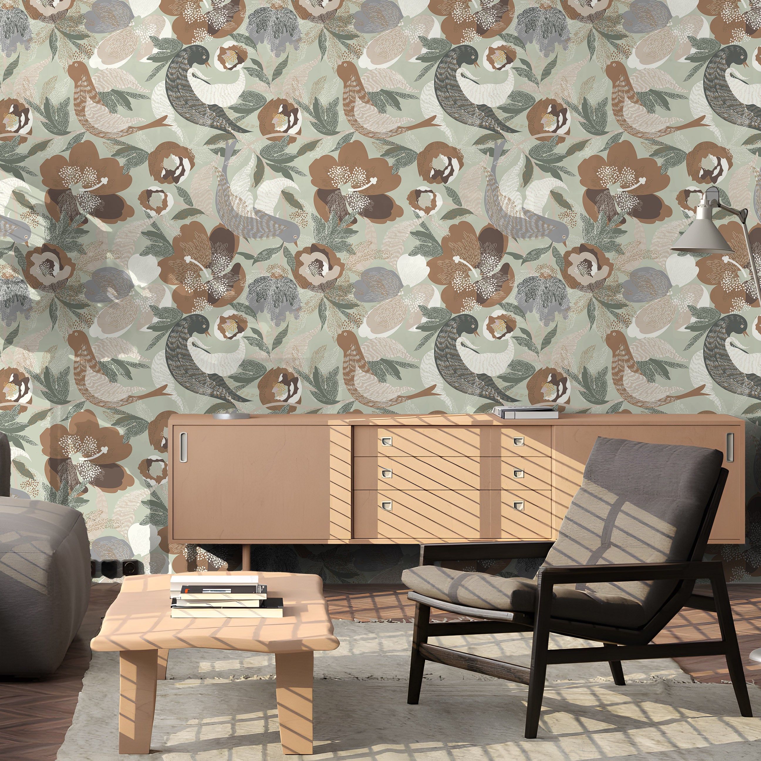 HaokHome Neutral Folk Bird floral Peel and Stick Wallpaper, Vintage Bird & Flower Removable Wallpaper