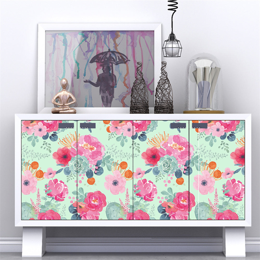 HaokHome Peel and Stick Wallpaper Mint Green Watercolor Peony Floral Wall Mural Removable Self Adhesive Soft Botanical Wallpaper