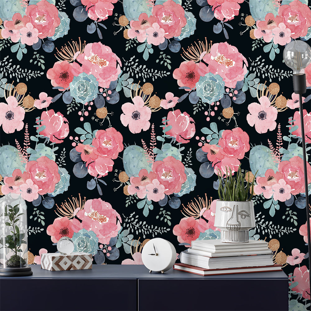 Watercolor Blush Rose & Cactus Peel and Stick Wallpaper, Moody Dark Botanical Decor | HaokHome
